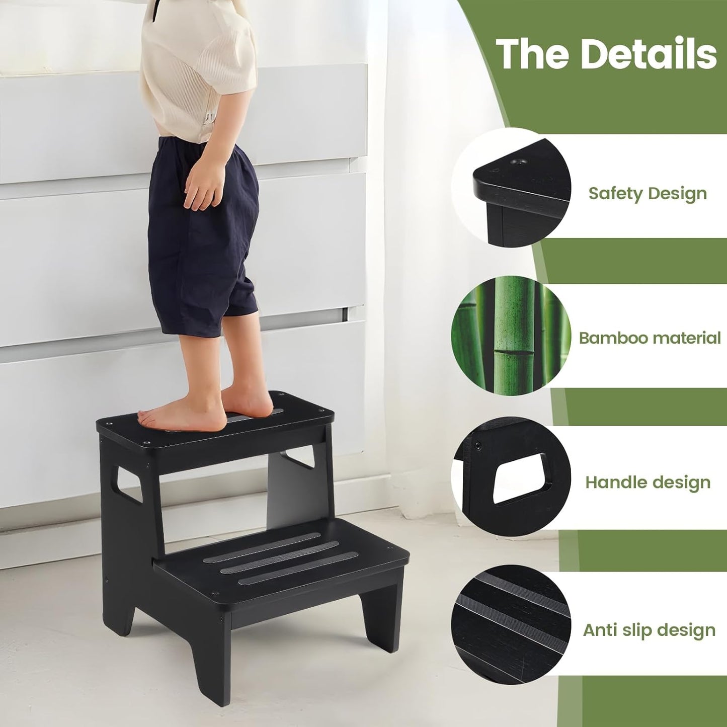 Wooden Step Stools for Kids, Heavy Duty Bamboo 2-Step Stepping Stools for Toddlers, DIY Non-Slip Pads & Handles, for High Bed, Bathroom, Toilet, Kitchen, RV, Black