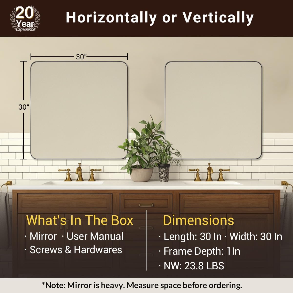 ANDY STAR Brushed Nickel Mirrors for Bathroom Sink, 30x30 Inch Bathroom Vanity Mirror with Square Metal Frame-Modern Clean Design with Superior Stainless Steel Frame