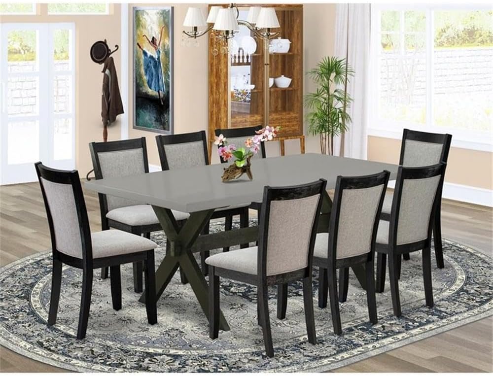 East West Furniture X697MZ606-9 9 Piece Kitchen Table & Chairs Set Includes a Rectangle Dining Room Table with X-Legs and 8 Shitake Linen Fabric Parsons Chairs, 40x72 Inch, Multi-Color