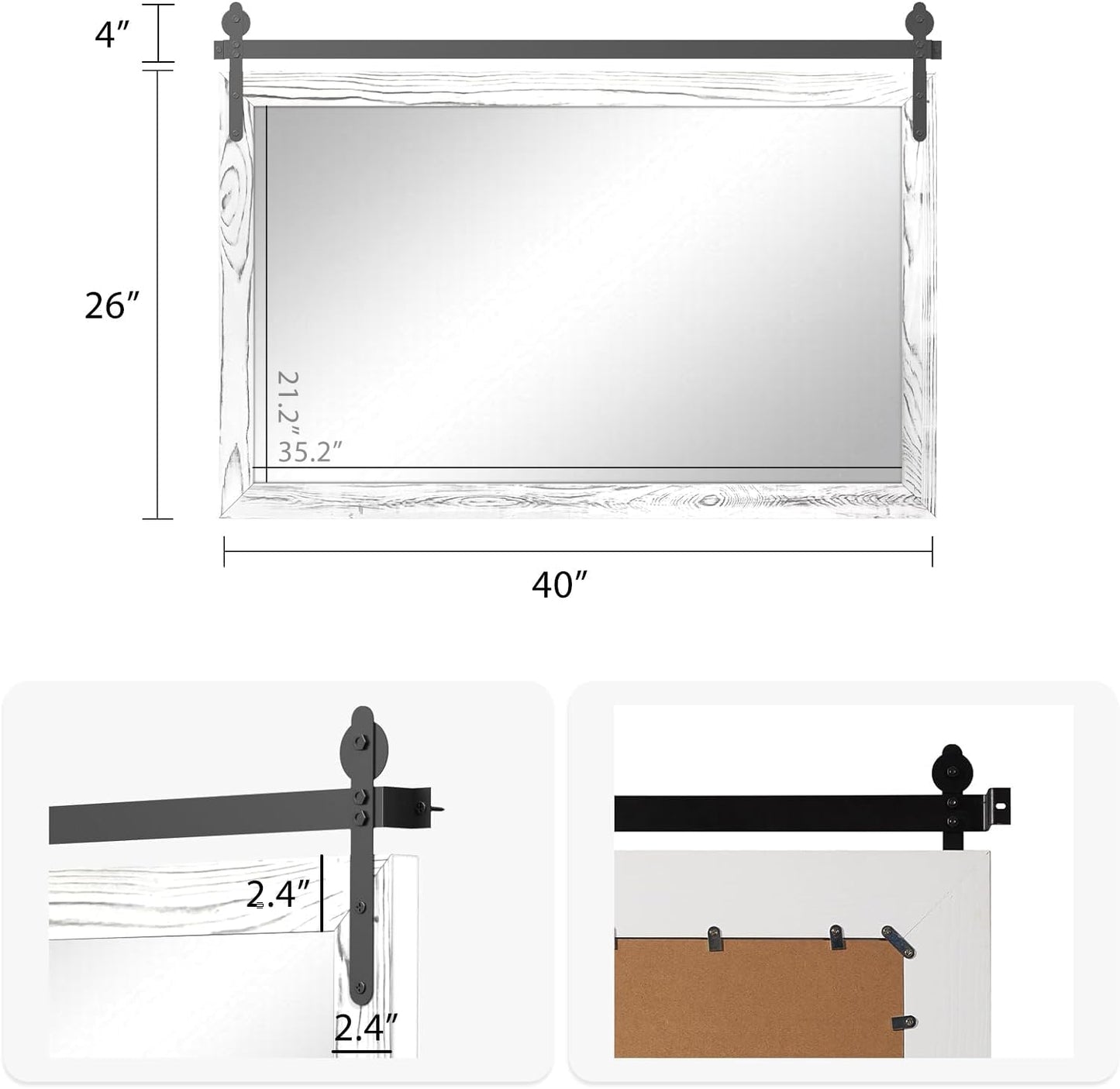 YOSHOOT Farmhouse Barn Door Mirror, 40"x26" Rustic Wood Framed Wall Mirror, Wall Mounted Vintage Mirror, Wooden Farmhouse Style for Bathroom Living Room Entryway, White, Horizontal Hanging ONLY