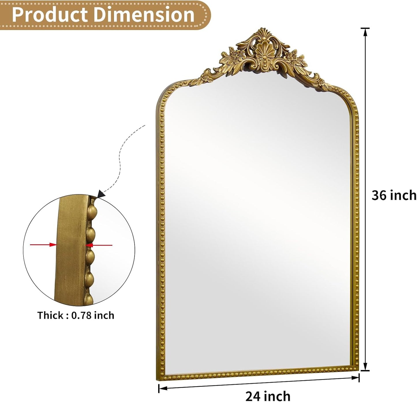 G-LEAF Vintage Baroque Mirror 24"X36",Arched Mantel Victorian Antique Farmhouse Mirror with Gold Ornate Metal Frame for Fireplace Entryway Living Room Hallway Bathroom