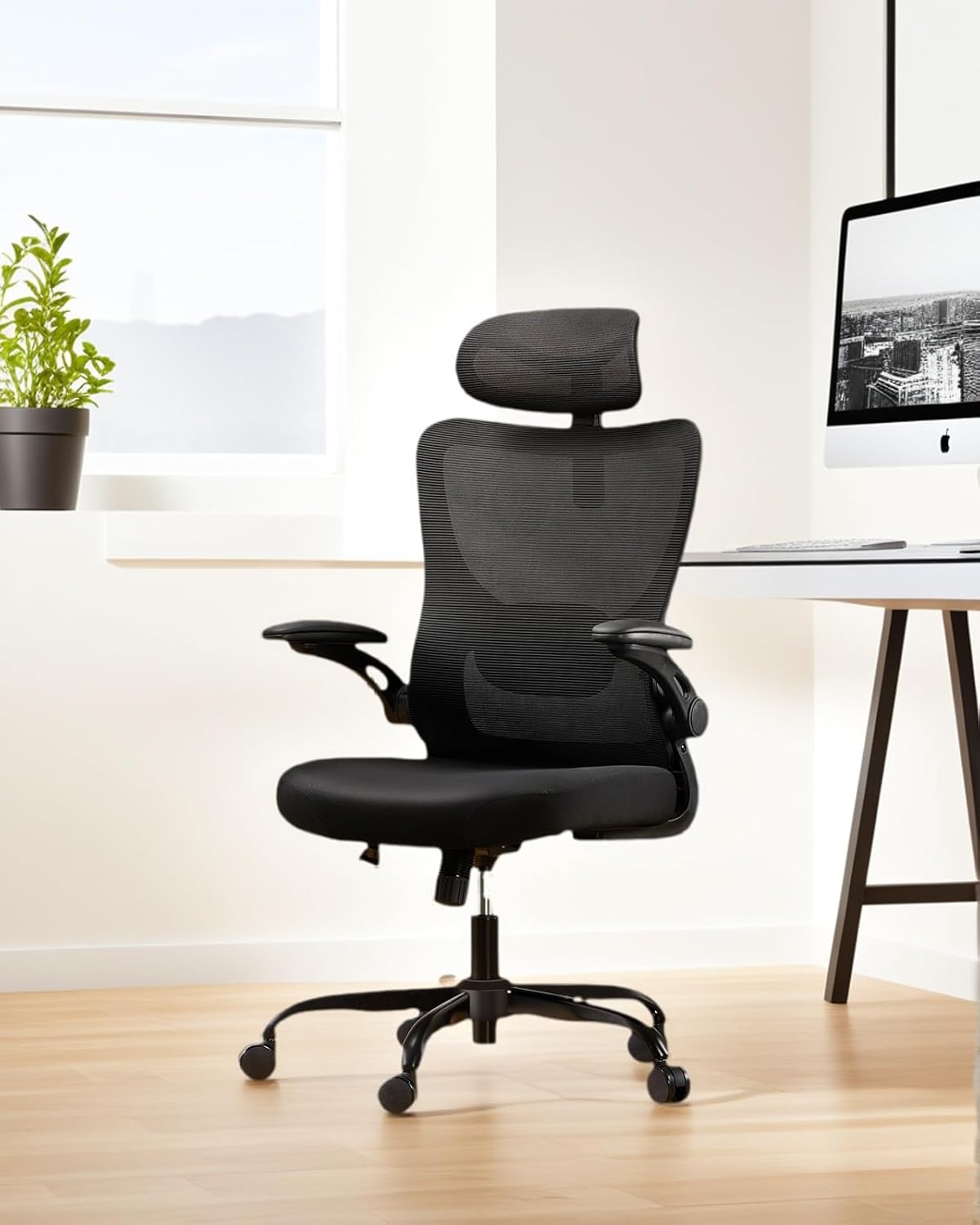 Marsail Ergonomic Office Chair with Headrest Mesh Office Computer Desk Chair with Adjustable Lumbar Support Rolling Work Swivel Task Chairs with Wheel 3D Armrests