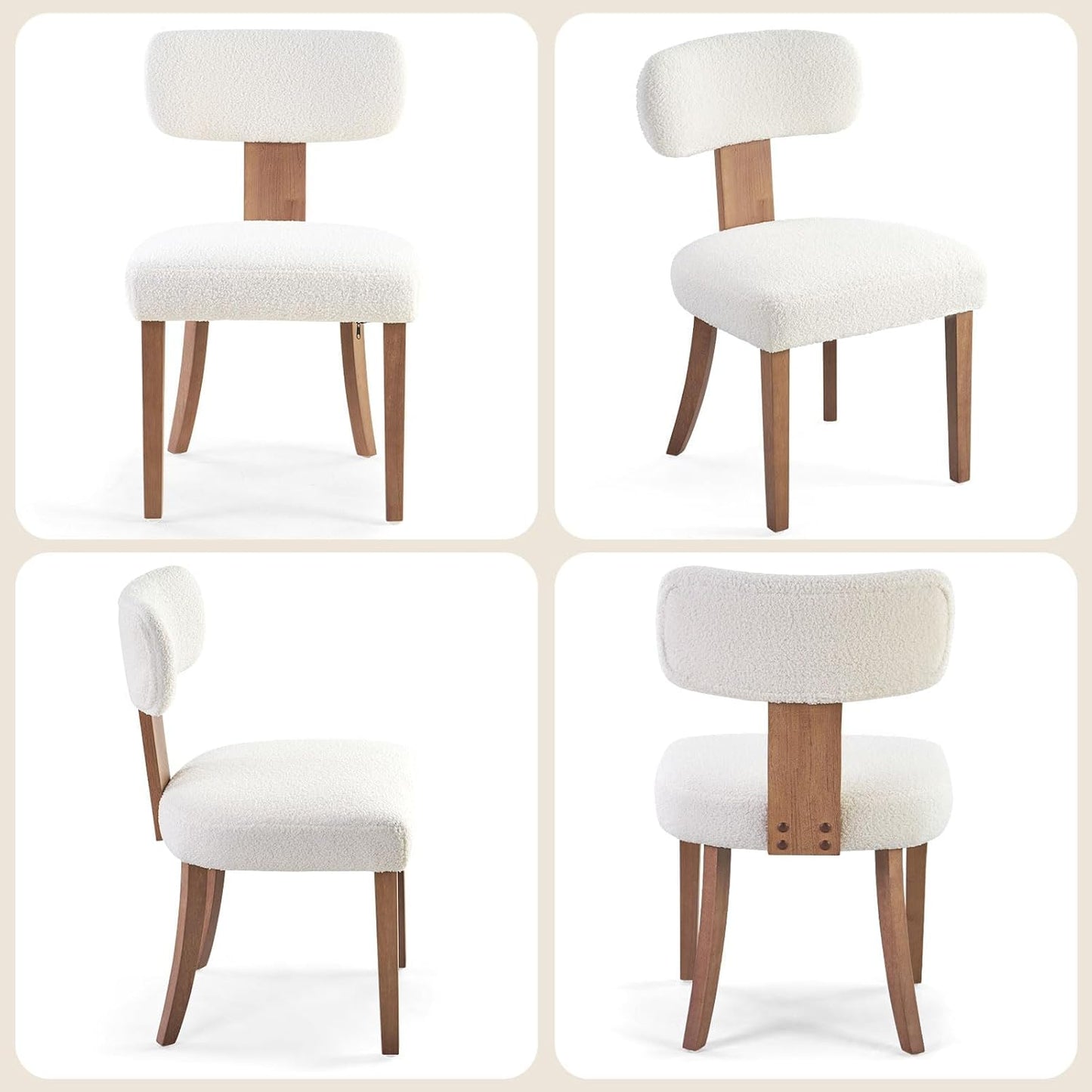 Mid-Century Dining Chair Set of 4, Upholstered Sherpa Seats with Ergonomic Curved Back and Adjustable Legs for Dining Room, Bedroom, Kitchen, White Sherpa