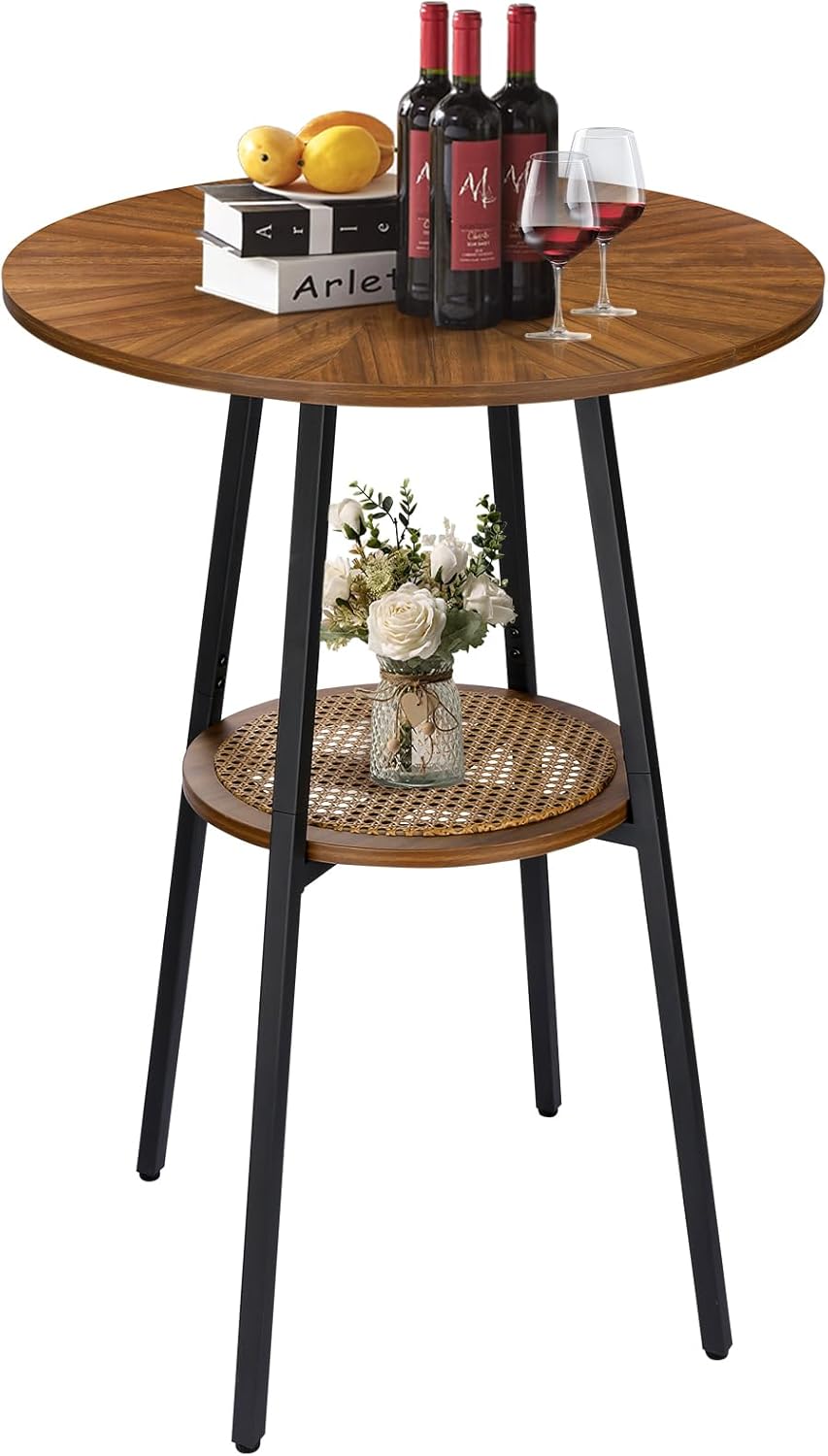 ZYBT Boho Bar Height Table - Rattan Storage Shelf, High Top & Counter Height Dining Table