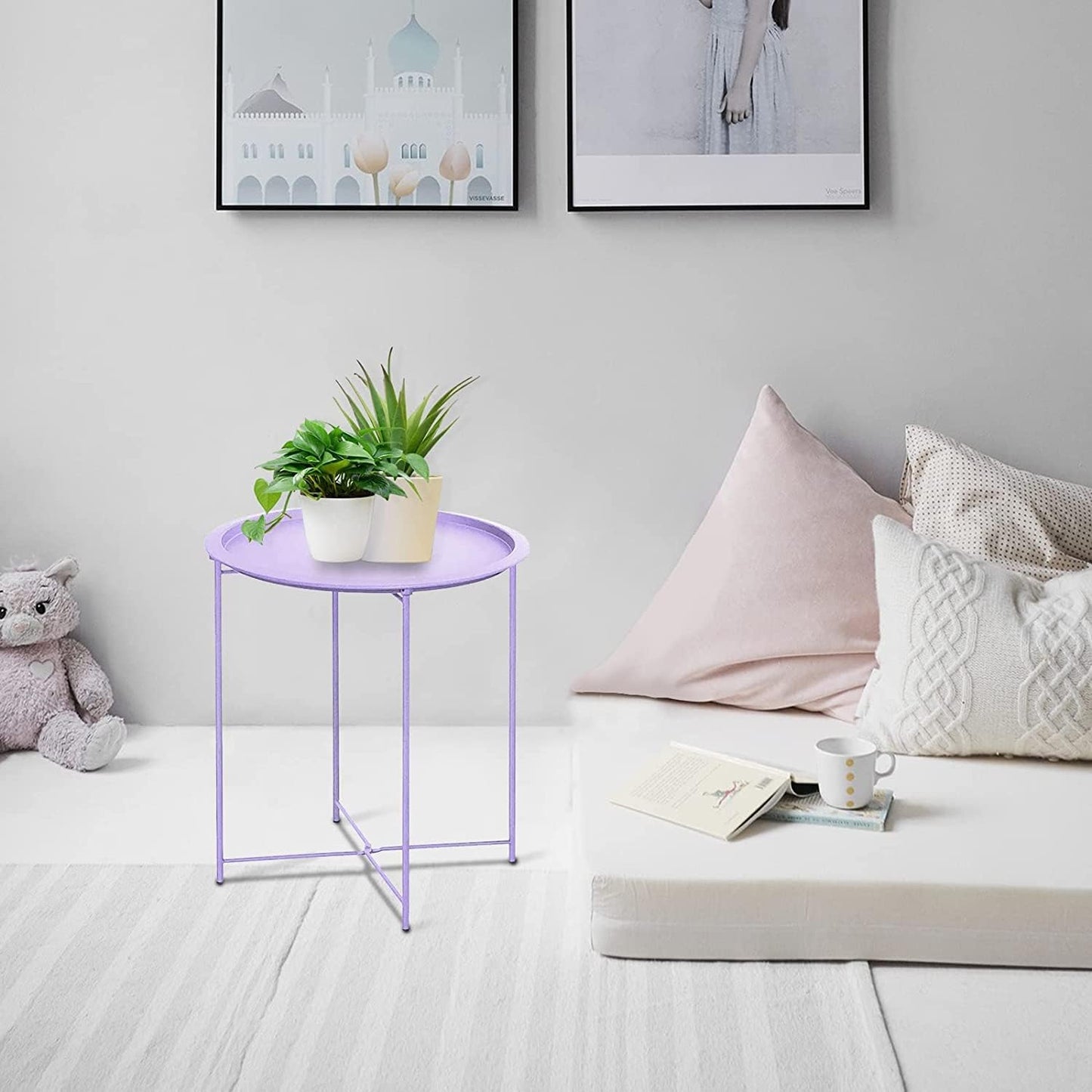 Garden 4 you End Table 2 PCS Metal Side Table Purple Round Folding Tray Cyan Sofa Small Accent Fold-able Table, Round End Table Tray, Next to Sofa Table, Snack Table for Living Room and Bed Room