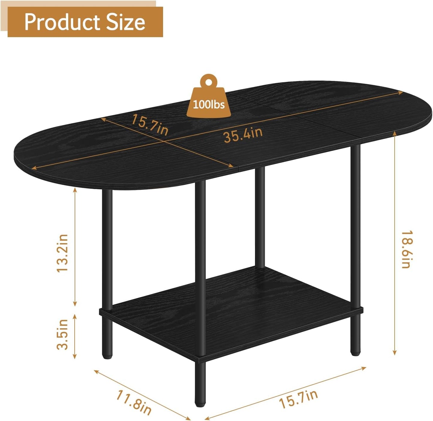 Black Coffee Table for Living Room, 2-Tier Small Oval Center Table, Mid Century Farmhouse Round Tea Table with Storage Shelf for Small Space, Home Office, Living Room