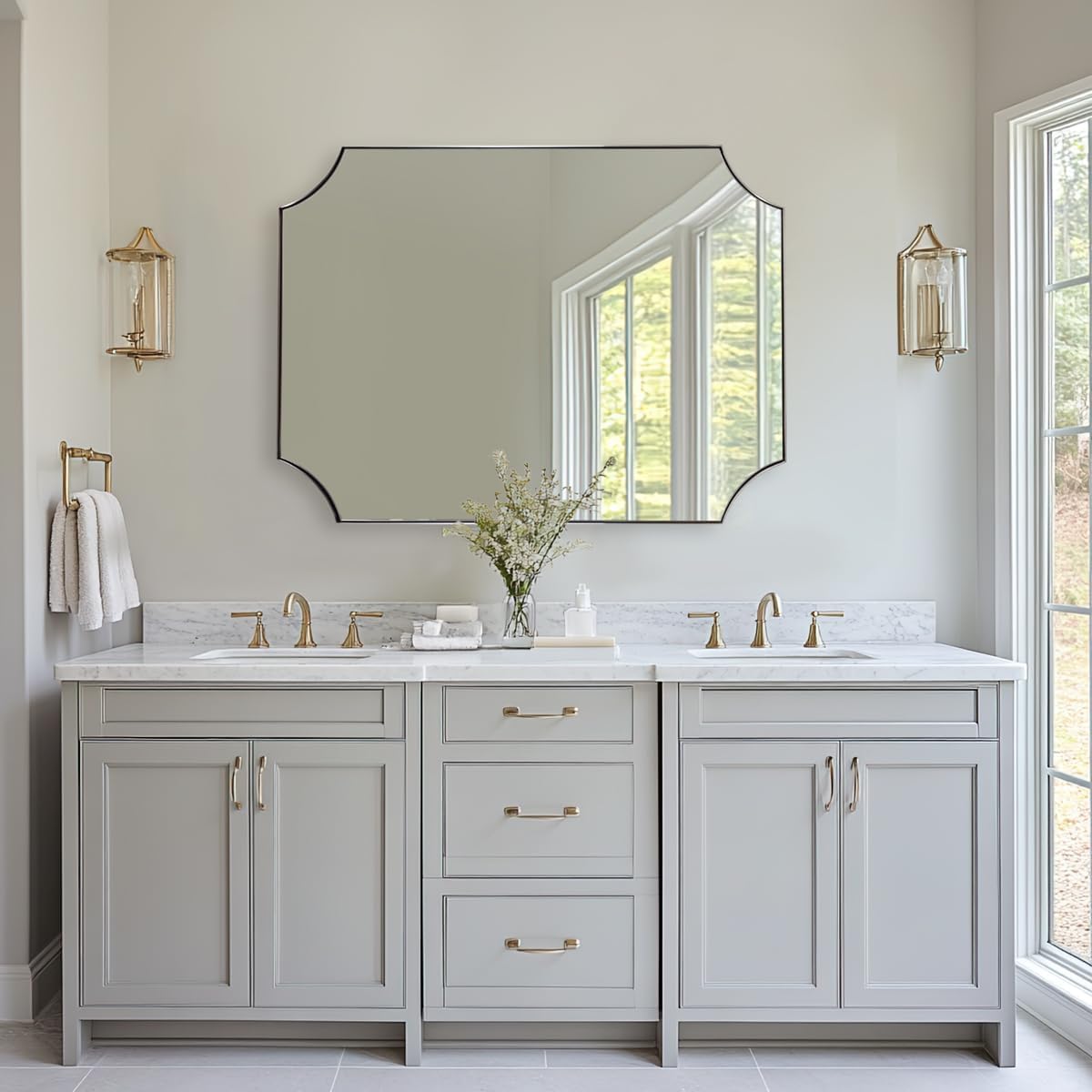 ANDY STAR Brushed Nickel Mirror 30x40 Inch, Scalloped Bathroom Mirror, Silver Bathroom Mirror in Anti-Rust Stainless Steel Metal Thin Frame Deep 1’’, Large Wall-Mounted Mirror (Horizontal/Vertical)