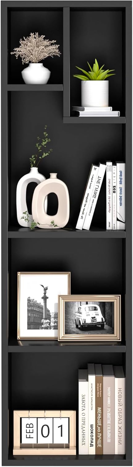 VECELO 4-Tier Slim Bookcase, Modern Storage Cabinet, Slim Bookshelf, Fits Tallest Hardcover, 5 Cubes, Vertical or Horizontal, Easy Assembly, Black