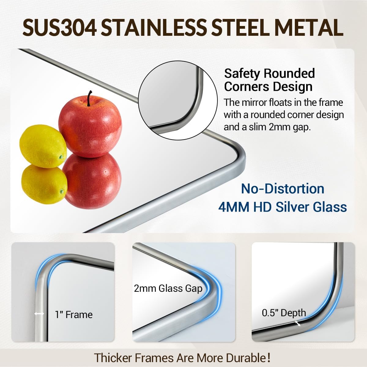 ANDY STAR Brushed Nickel Mirror, Stainless Steel Metal Frame 24x36 Inch Bathroom Mirror for Over Sink, Modern Rounded Corner Slim Silver Vanity Mirror for Wall Mounted Horizontally or Vertically