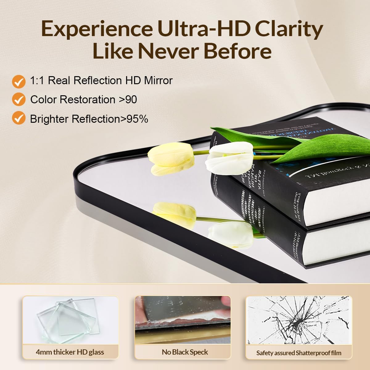 24x40 Black Mirror, Irregular Shaped Mirror with Curved Edge Design, Asymmetrical Bathroom Mirror, Wall Mounted Decorative Mirror for Powder Room, Foyer, Master Room, Hangs Vertical Only