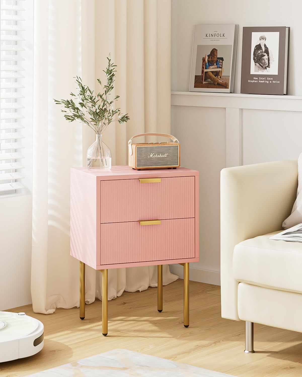 Nightstand,Morden Bedside Table with Gold Frame,Small White Night Stand,End Table,Bedside Furniture,Side Table with Drawer and Shelf for Bedroom,Living Room (2Drawers, Pink)