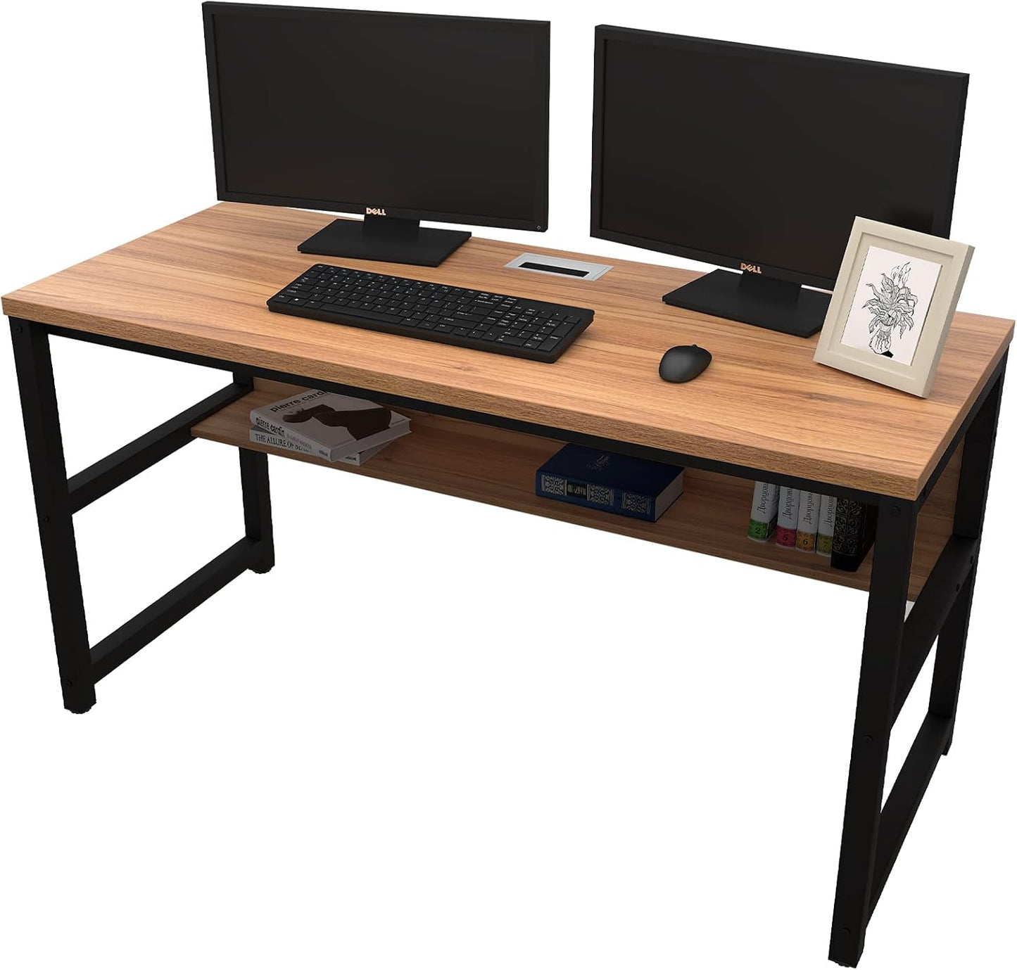 TOPSKY Computer Desk with Bookshelf/Metal Hole Cable Cover 1.18" Thick Desk (55", Oak Brown)