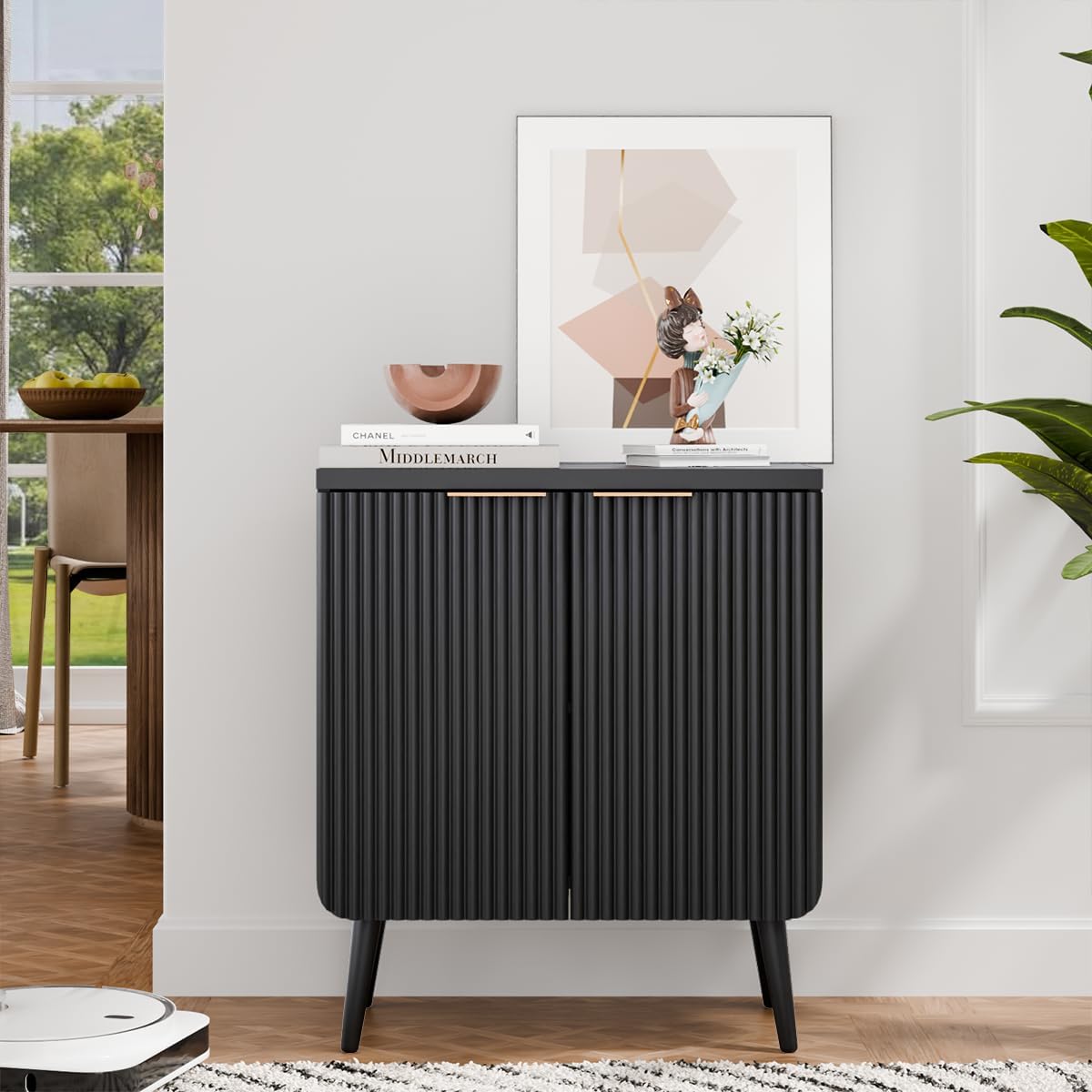 23.6" Sideboard Cabinet with 2 Doors, Modern Buffet Cabinet with Adjustable Shelf, Dining Room Sideboard, Fluted Buffet Sideboard for Living Room, Hallway, Entryway, Black