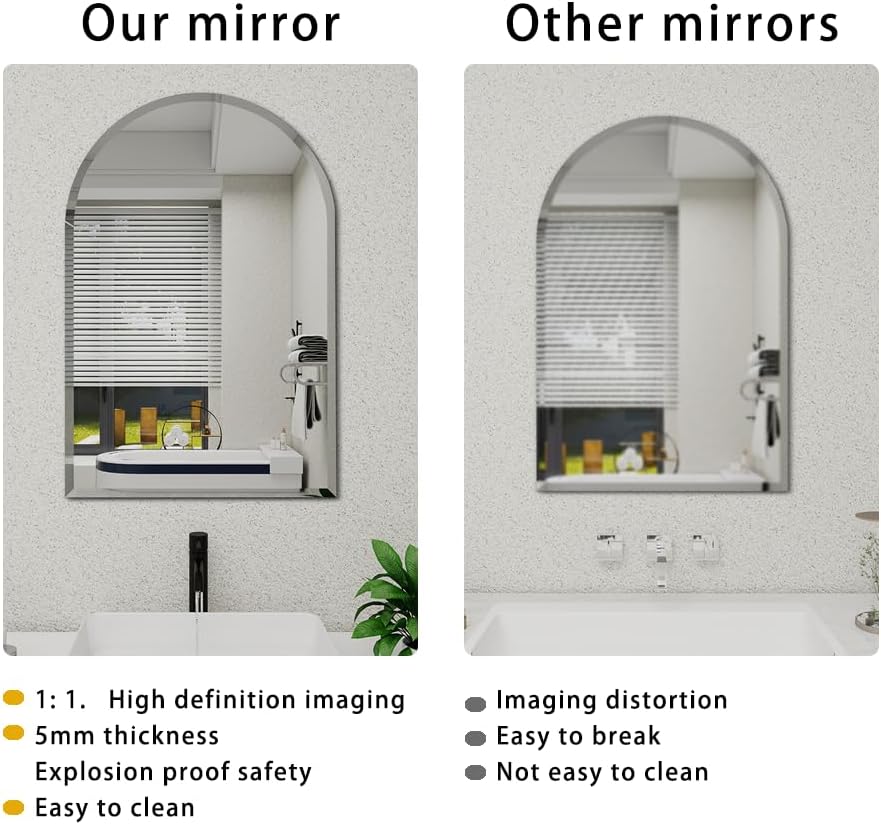Arched Bathroom Mirror, 28X36 inch Arched Frameless Mirror, Arch Wall Mirror，Frameless Mirrors for Bathroom,Beveled Bathroom Mirror.