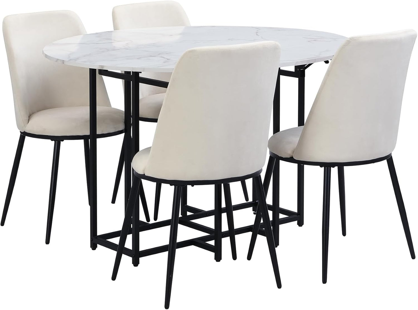 Merax 47.2” Round Dining Table Set for 4, Foldable Kitchen Dining Table with 11.8” Drop Leaves, Faux Marble Top with Golden Frame, 4 Upholstered Chairs (White+Beige)