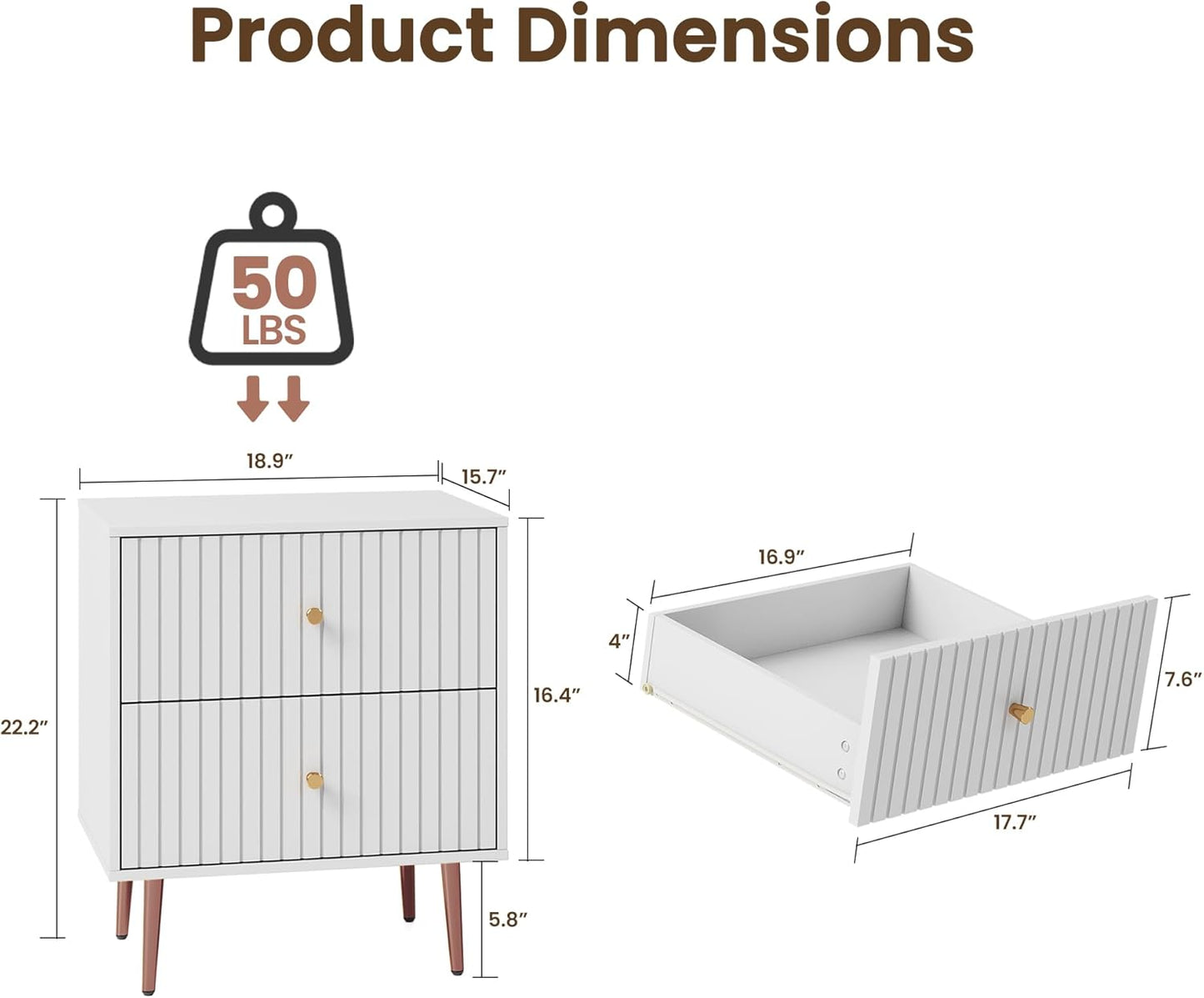 Black Night Stand Set 2,Fluted Nightstand with Door and Open Storage Space,Modern Bedside Table and Wood End Side Table with Golden Metal Legs and Handles for Bedroom,Black (White, 2 Drawers)