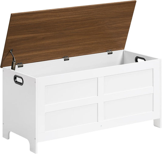 Storage Chest, 39.4” Large Toy Chest, Entryway Storage Trunk, Storage Bench with Safety Hinge, Entrance Bench for Living Room, Entrance, Bedroom, White+Walnut SCBZ48301