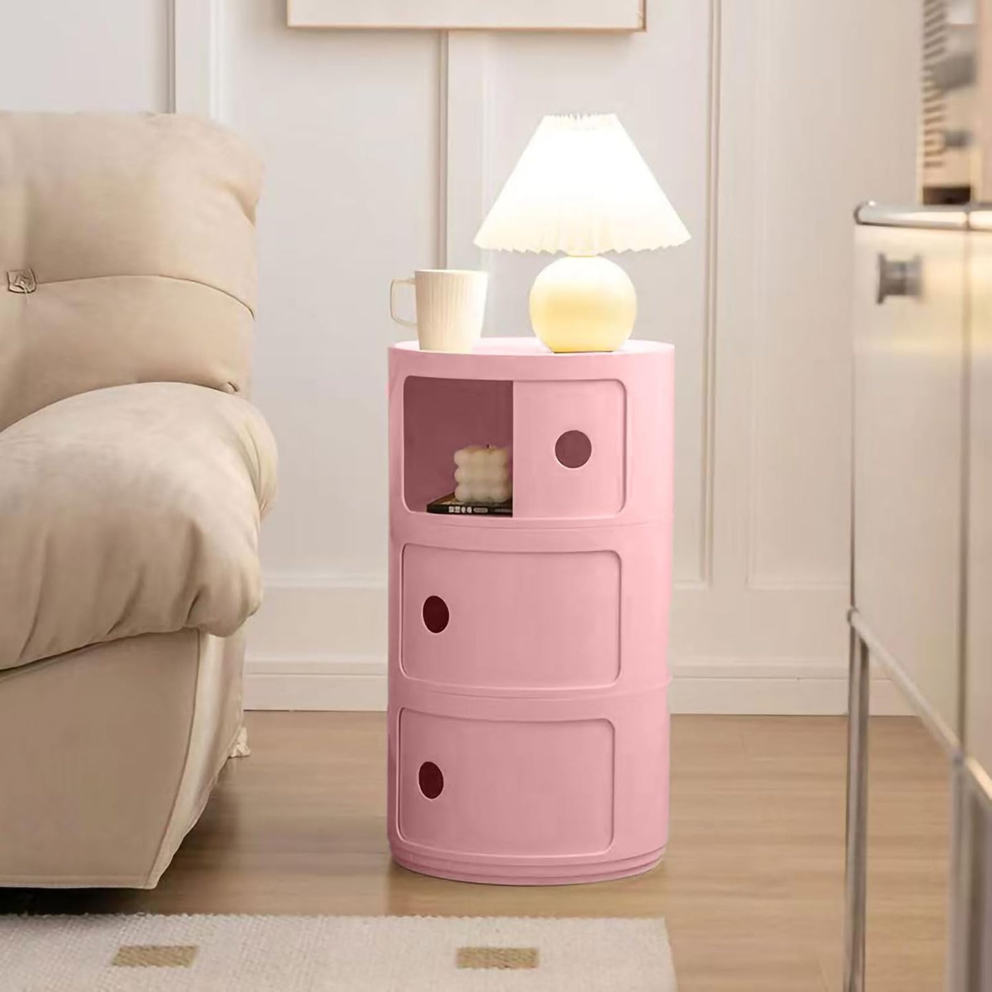 3 Tier Round Nightstand with Drawer, Pink Round Side Table Small Plastic Storage End Table Suitable for Bedroom, Living Room, Bathroom (Pink)