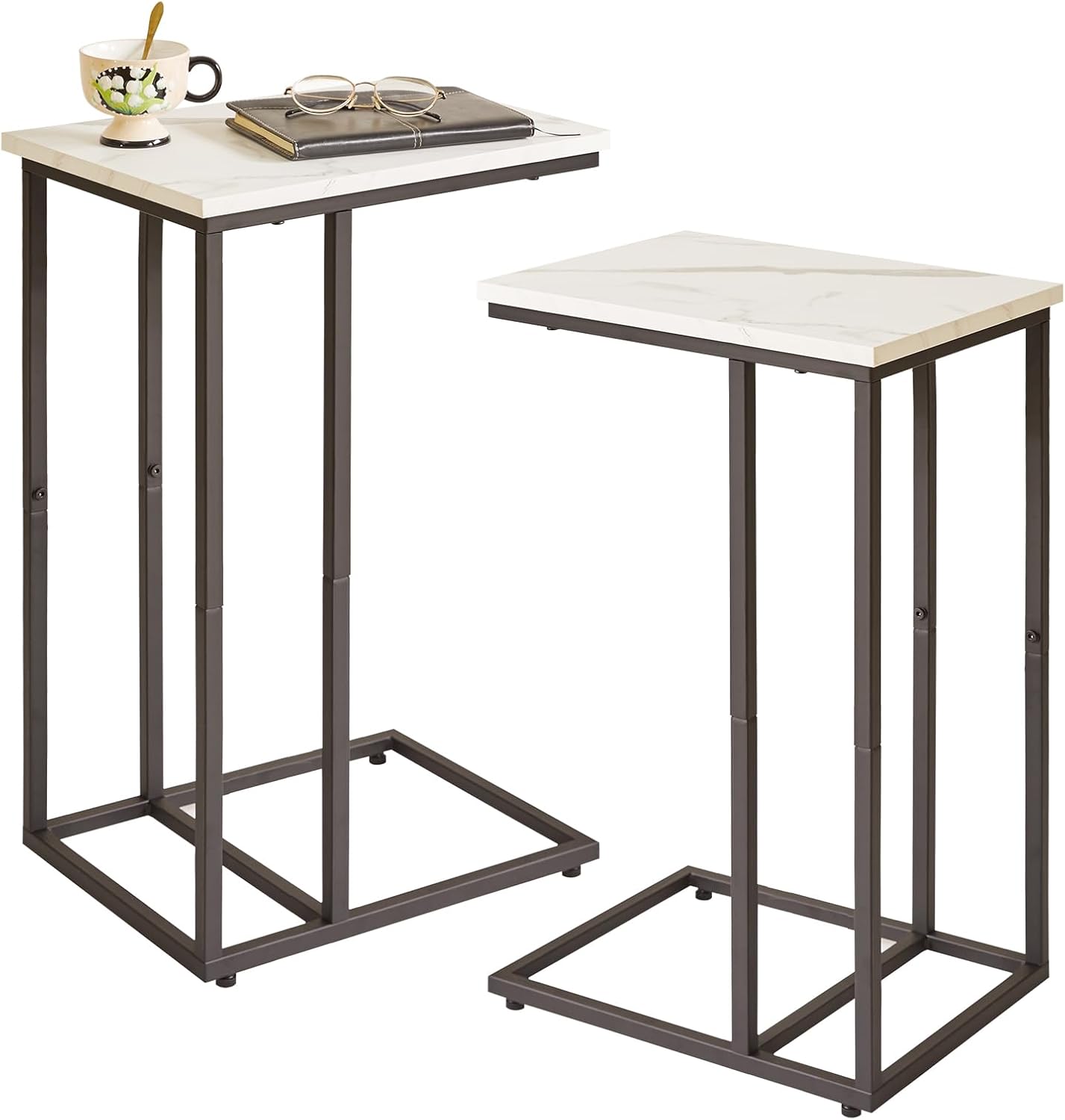 Side Table Small End Table C Shaped, Slide Under Laptop Desk for Couch, Living Room Side Table Set of 2, TV Trays for Eating on Couch, Faux Marble+Black YD-TM051B-2