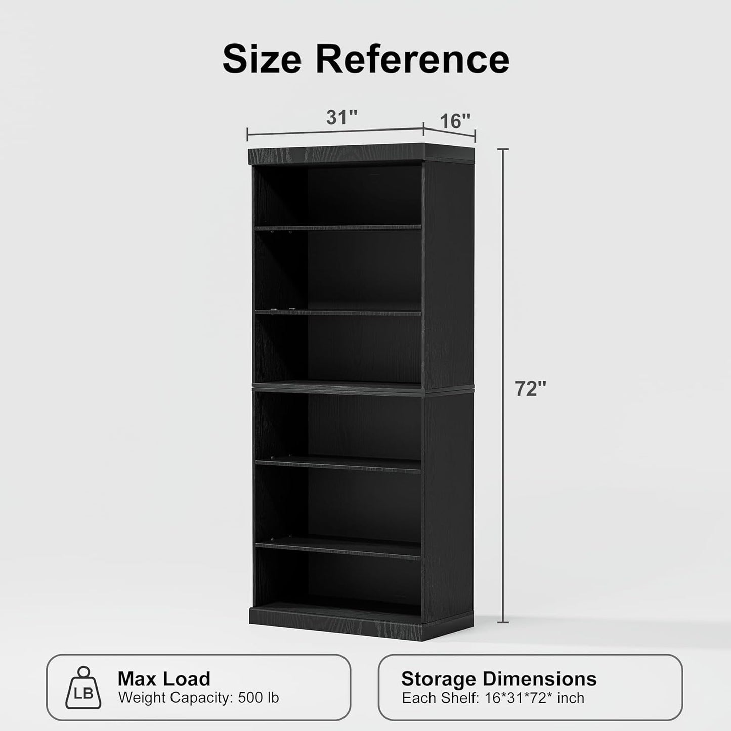 72" Wooden Book Shelf, 5 Shelf Bookcase, Modern Bookshelf with Adjustable Shelf for Home Office, Study Room, Black