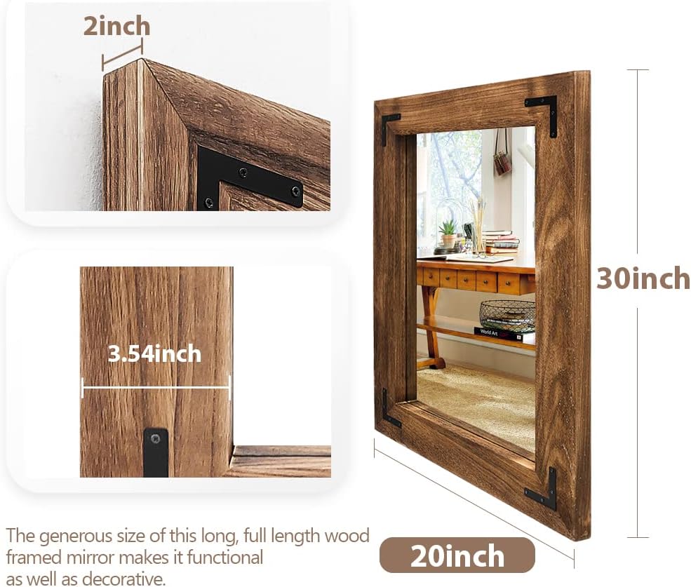 YOSHOOT Rustic Wooden Framed Wall Mirror, Natural Wood Bathroom Vanity Mirror for Farmhouse Decor, Vertical or Horizontal Hanging
