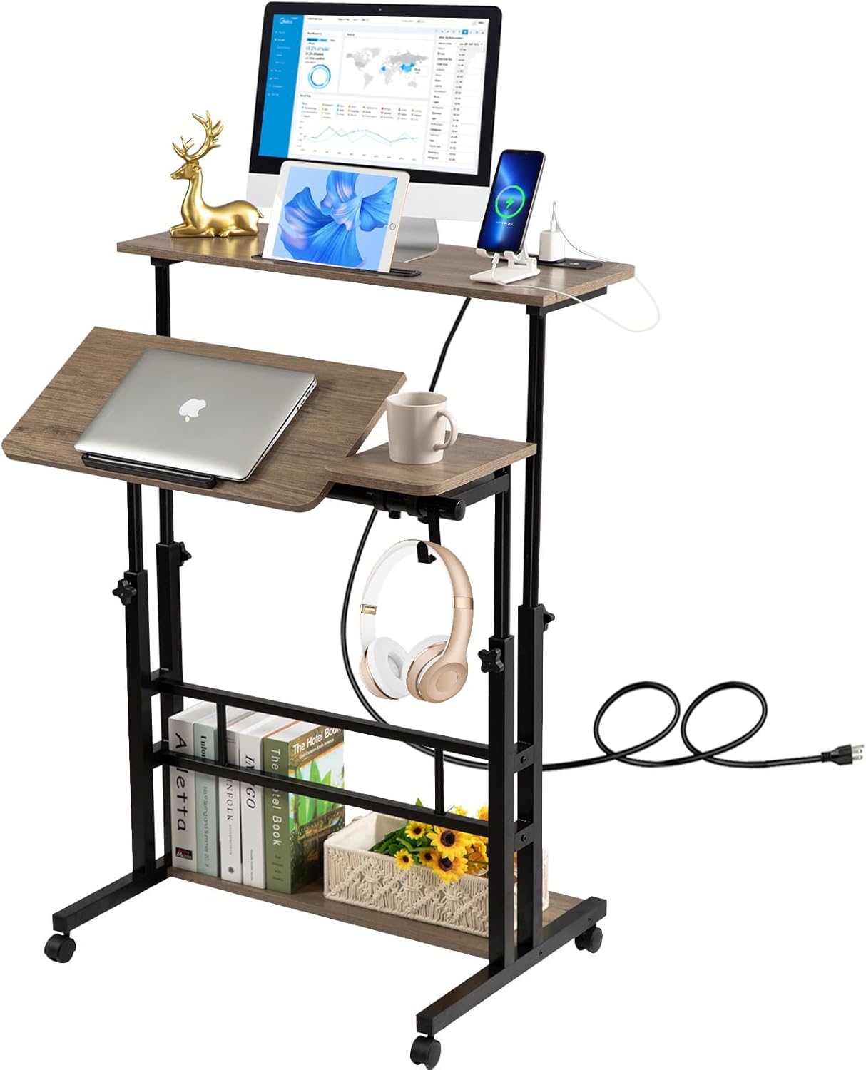 Hadulcet Stand Up Desk, Rolling Desk Adjustable Height, Mobile Standing with Wheels & Charging Station Grey or Rustic Brown
