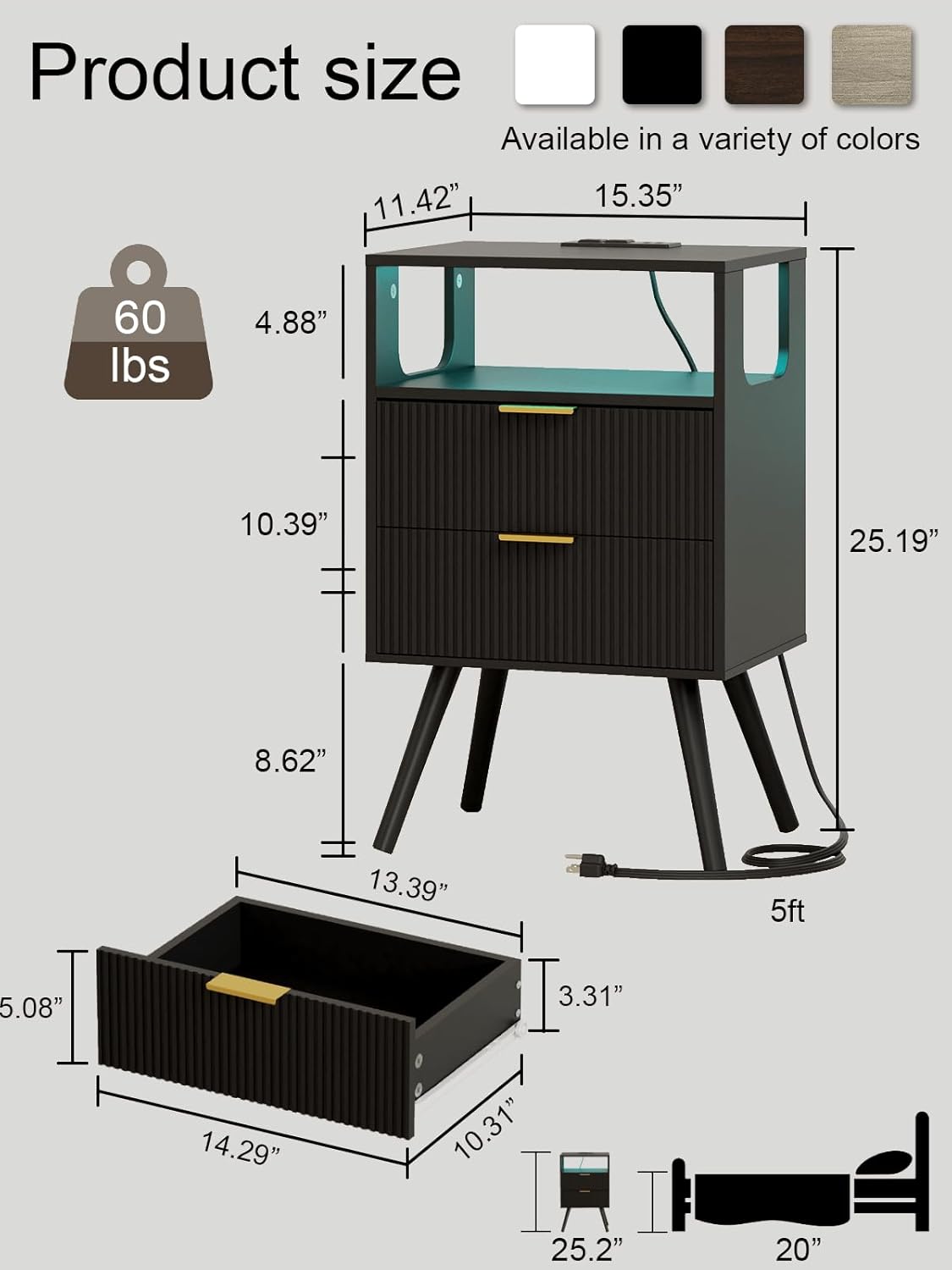 Nightstand, Modern Bedside Table with 2 Storage Drawer and Open Wood Shelf for Bedroom and Small Spaces, Night Stand with Solid Wood Legs (Black-Outlet)