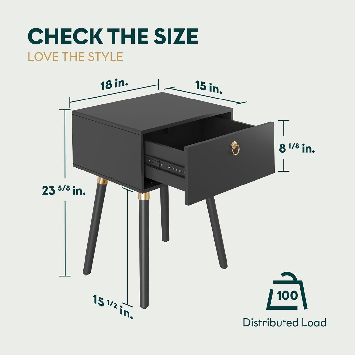 Bme Alden Wood Nightstand, Solid Wood End Table, Mid Century Modern Nightstand, Side Table with 1 Drawer, Compact for Bedroom, Living Room & Study Room, Easy Assembly, Black