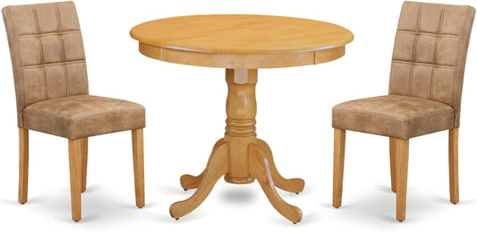 East West Furniture ANAS3-OAK-28 3 Piece Modern Dining Set consists A Dining Room Table and 2 Brown Textured Polyester Fabric Upholstered Dining Chairs, Oak
