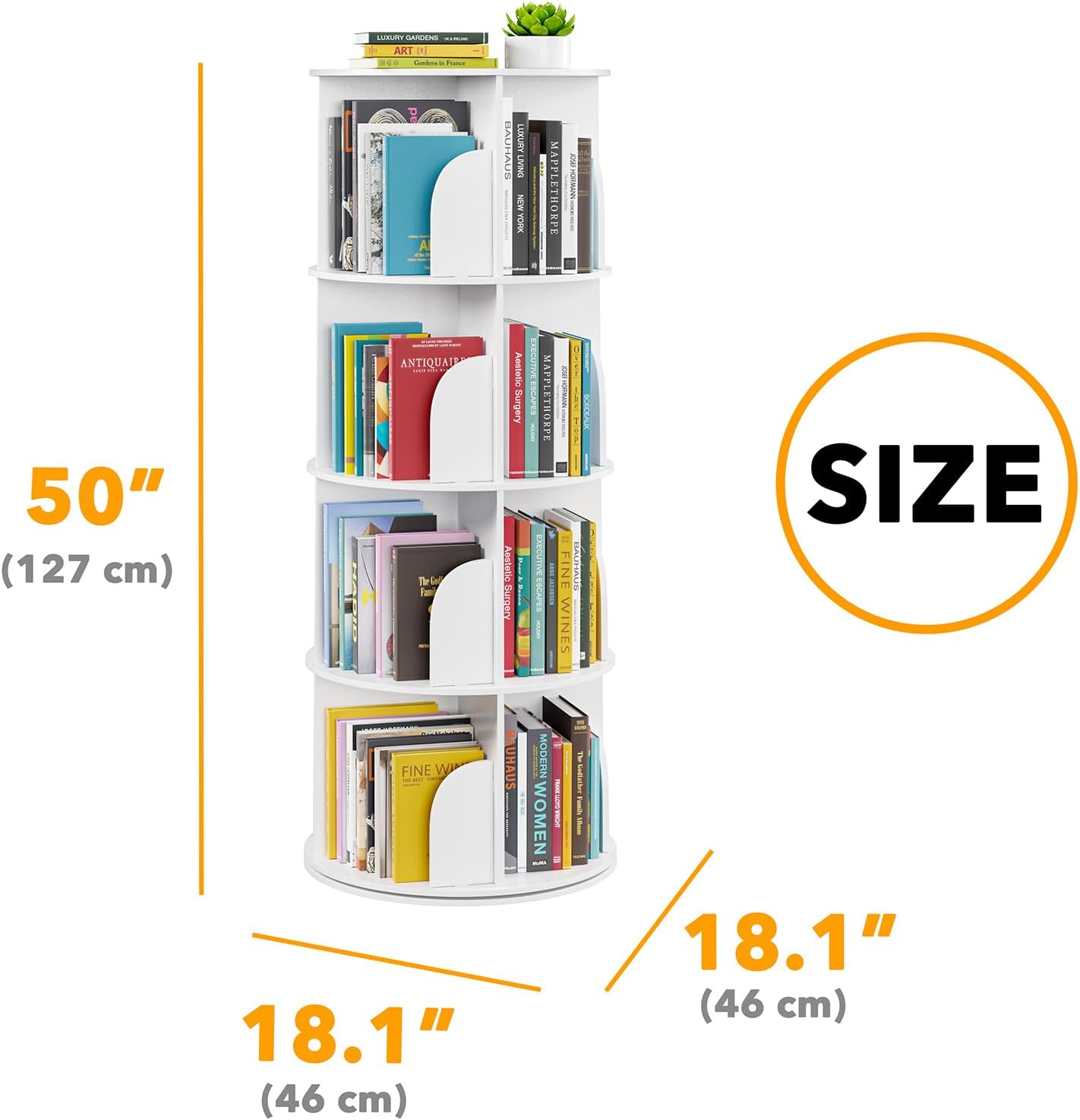 SpaceAid 4 Tier Rotating Bookshelf Tower, Spinning Bookcase Lazy Susan, Revolving 360 Book Shelf Storage Round Carousel, Vertical Rotate Turning Spiral Corner Organizer, White