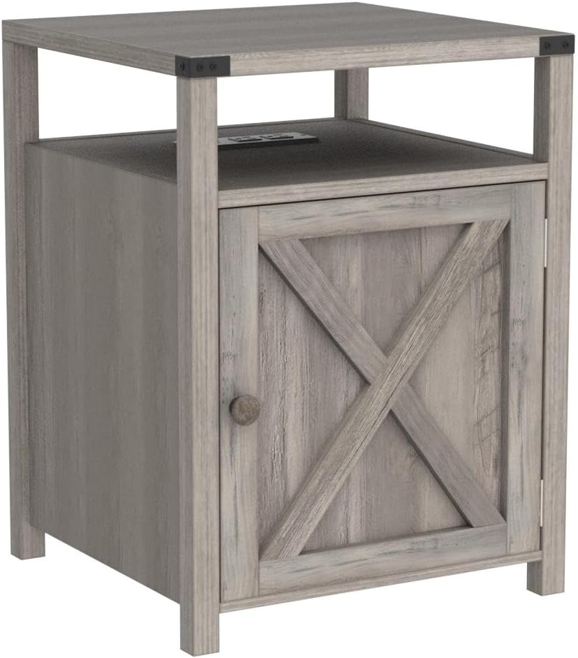 Farmhouse Nightstand with Charging Station, Rustic End Table Bedroom with Storage Living Room Side Table Grey Night Stand Industrial Bedside Bed Table with USB Ports and Outlets
