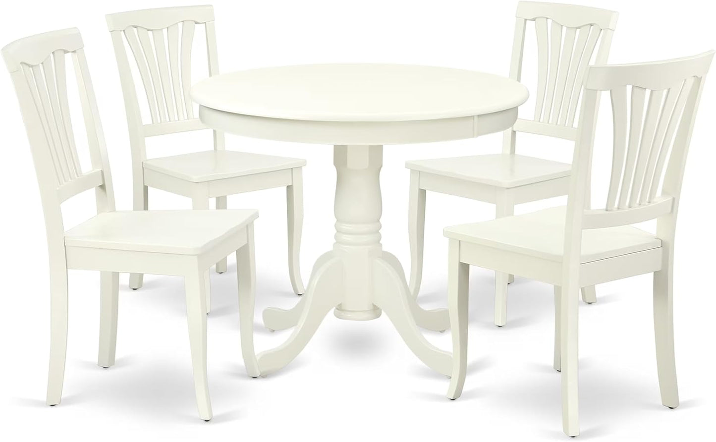 East West Furniture ANAV5-LWH-W 5 Piece Dining Room Table Set Includes a Round Kitchen Table with Pedestal and 4 Dining Chairs, 36x36 Inch, Linen White
