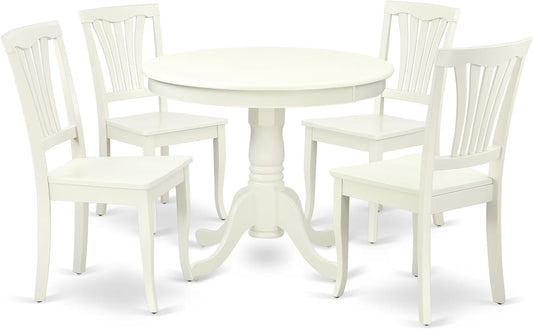 East West Furniture ANAV5-LWH-W 5 Piece Dining Room Table Set Includes a Round Kitchen Table with Pedestal and 4 Dining Chairs, 36x36 Inch, Linen White