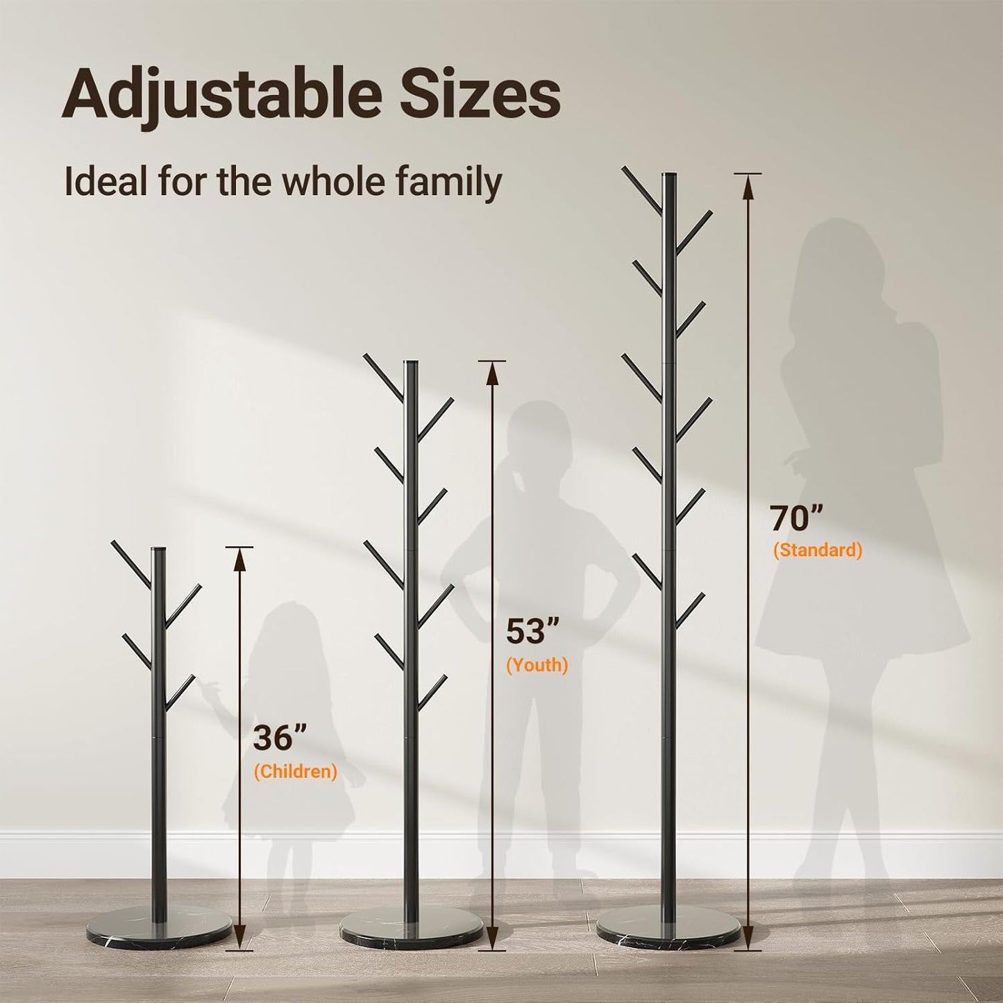 ELYKEN Coat Rack Freestanding with Natural Marble Base, Metal Coat Rack Stand with 10 Hooks, 3 Adjustable Size Coat Tree for Bags, Clothes, and Hats for Entryway, Bedroom, Hallway, Office, Black