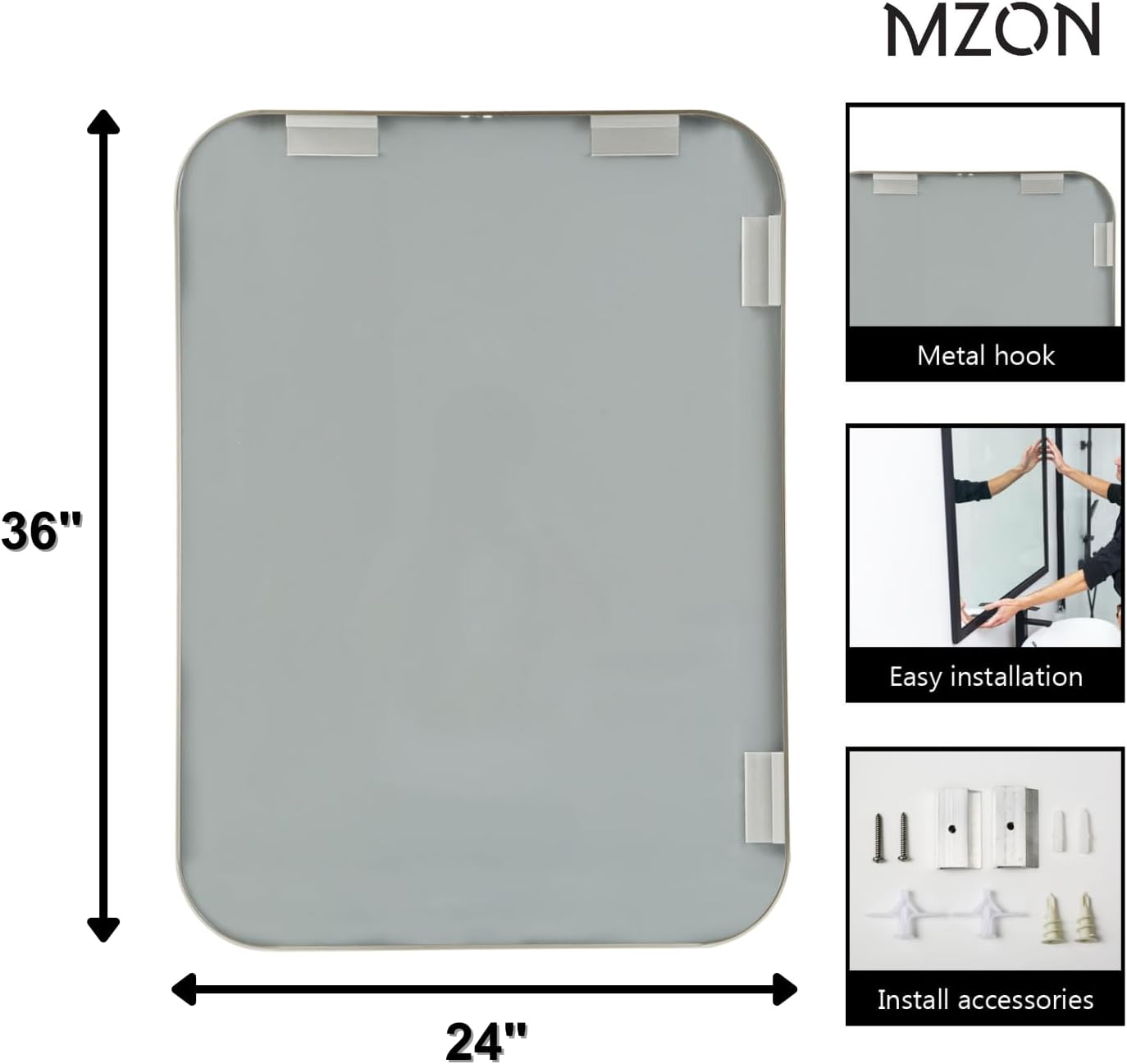 MZON 24x36Inch Brushed Nickel Bathroom Mirror, Rectangle Wall Mounted Mirror for Bathroom or Living Room, Anti-Rust Frame & Tempered Glass, Horizontal/Vertical Mount - Timeless&Elegance Wall Decor