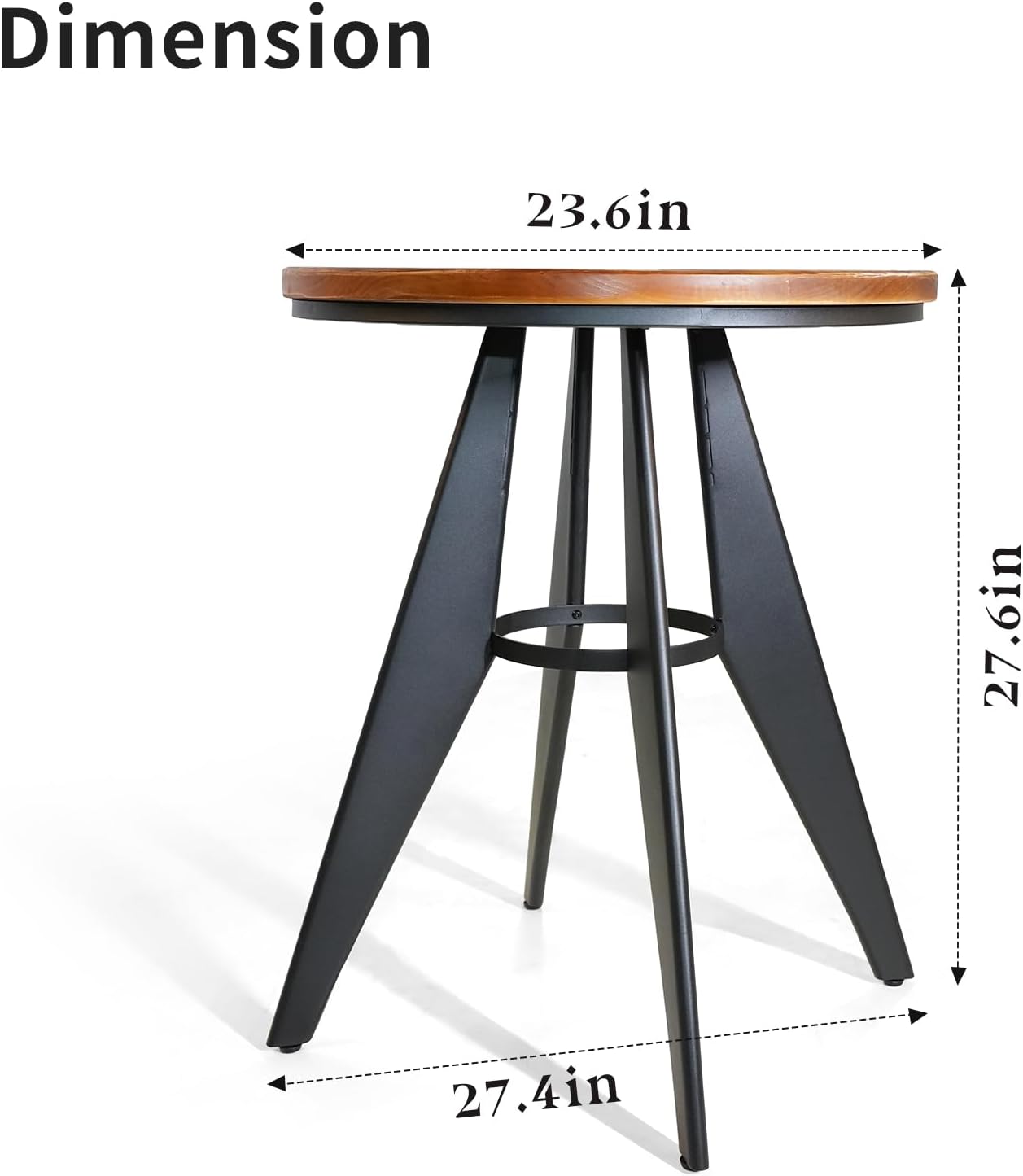 Round Cafe Table - 23.62" Pine Wood Top, Metal Frame, 28.15" High, Modern Industrial Dining Table for Kitchen, Home Office, Bistro, Compact for Space Saving, Black Base Brown Top