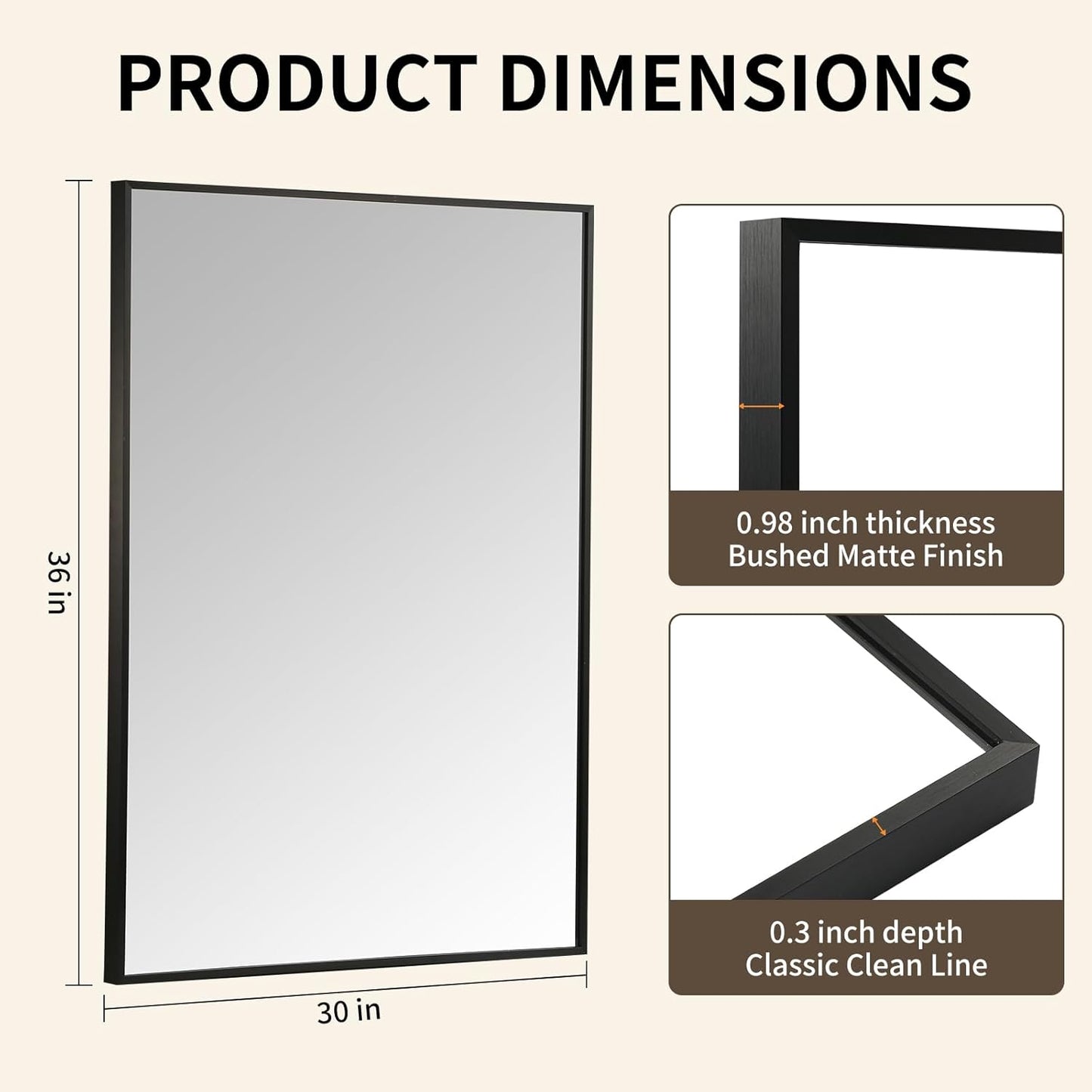 Matte Black Mirror, 30x36 Inch Aluminum Framed Rectangle Mirror, Anti-Rust, Tempered Glass, Square Corner Wall Mirror for Over Sink, Vanity, Bedroom, Entryway, Horizontal/Vertical