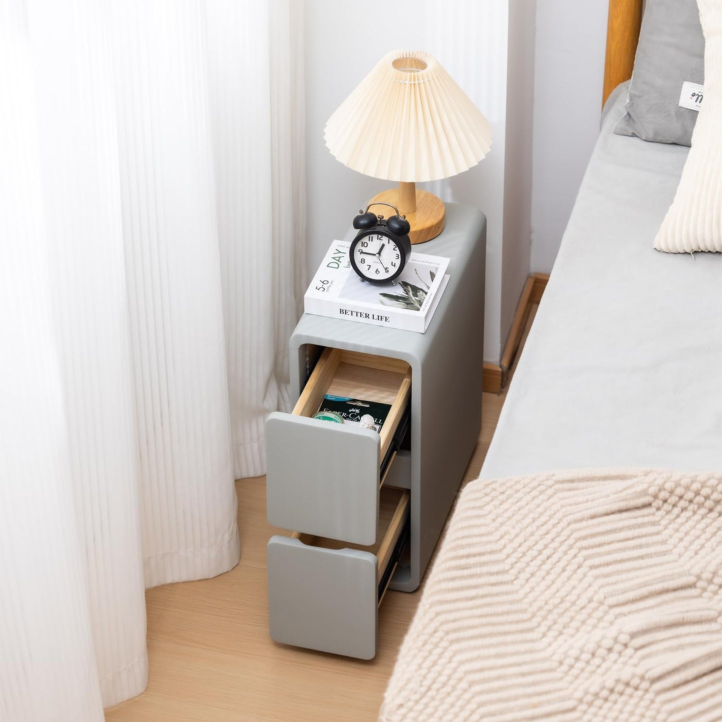 Narrow Nightstand, Solid Wood Night Stand for Small Spaces, Couch, Gray Color 7.87in Wide