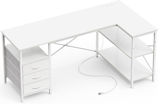 Huuger L Shaped Office Desk with Power Outlets, 55 Inch Computer Desk with 3 Drawers, Shelves, Reverisble for Gaming Corner Work Home Office Study, White