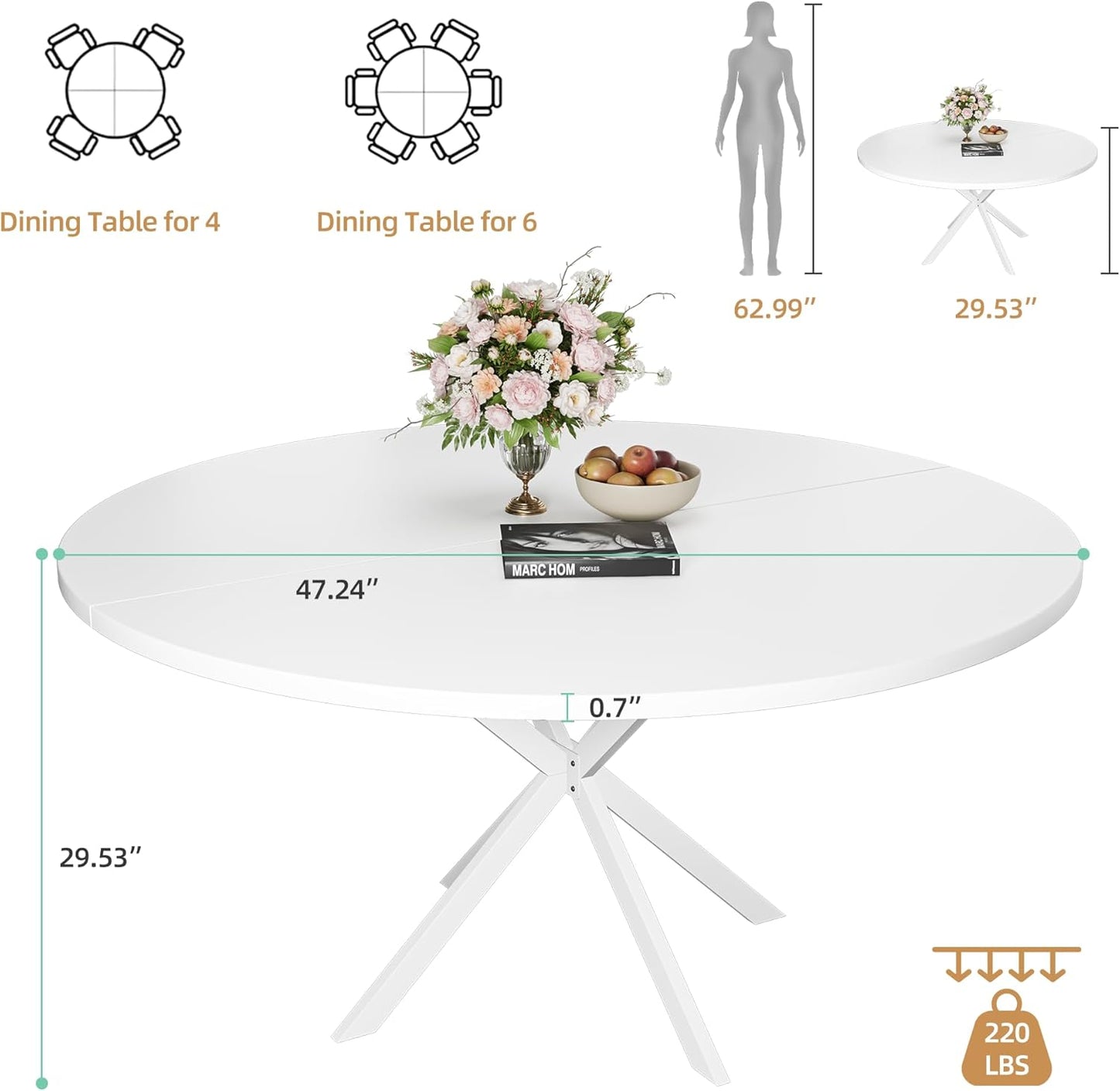 47.24" Round Dining Table for 4-6 Person, Modern Kitchen Table With Metal Legs, Pedestal Circle Table for Dining Room (White)