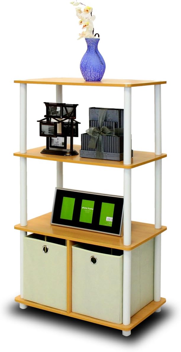Furinno NW889BE/WH Go Green 4-Tier Multipurpose Storage Rack w/Bins, Beech/White