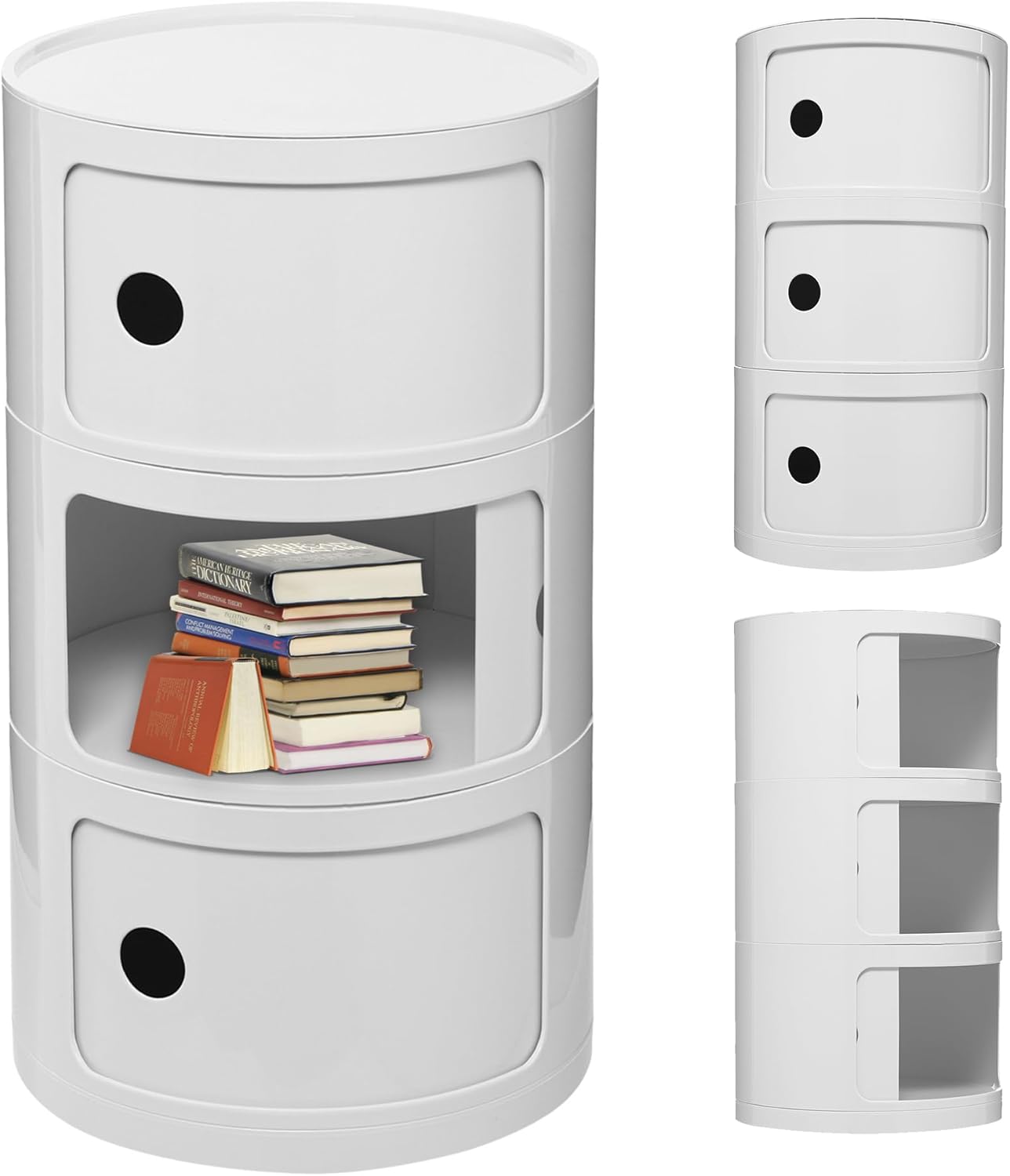 3 Tier Round with Storage, Modern Style Side Table, Multifunctional End Table Storage Cabinet for Living Room, Bedroom, Bathroom (White)