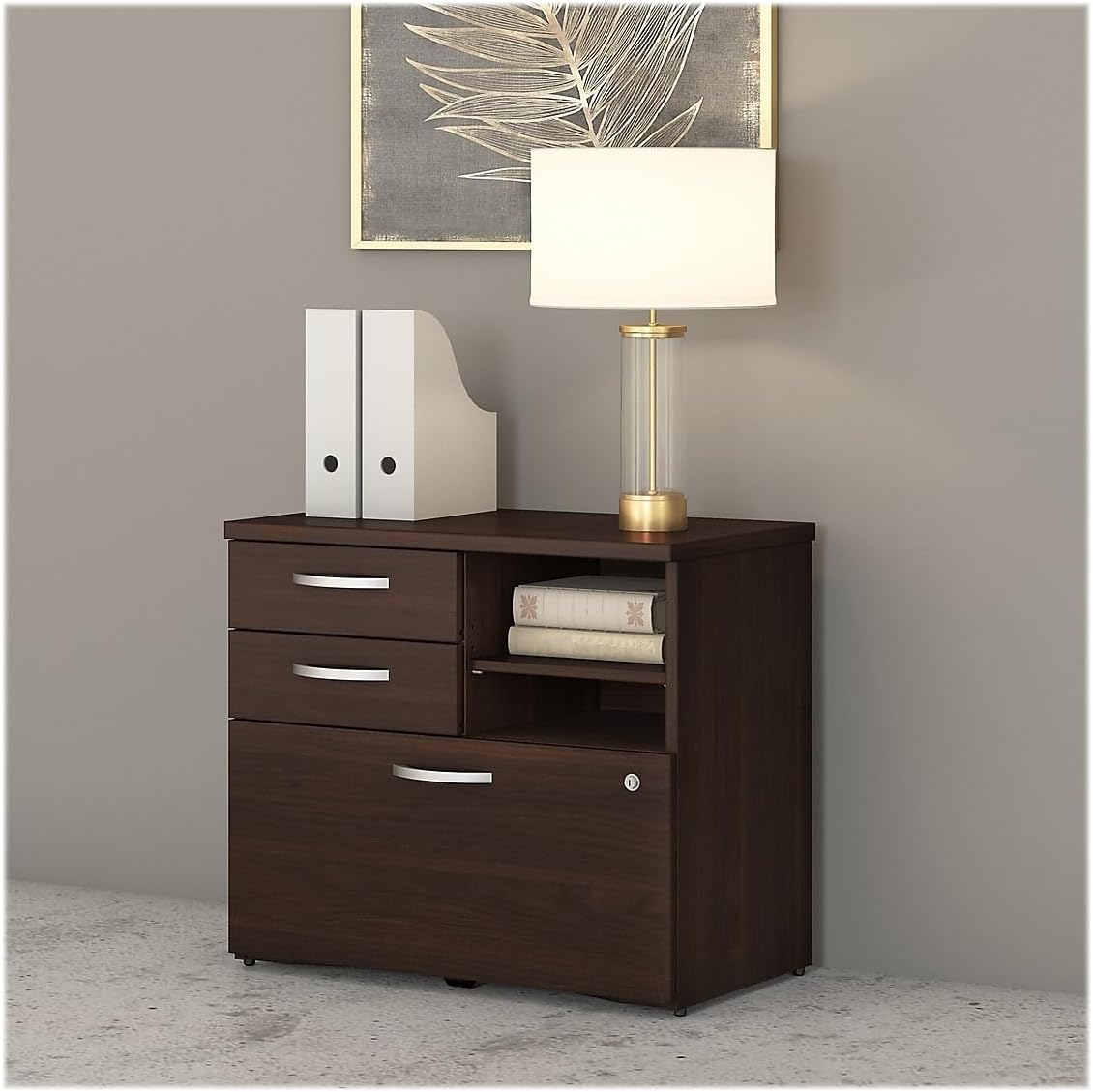 Bush Business Furniture Studio C Office Storage Cabinet with Drawers and Shelves in Black Walnut, Organization for Home or Professional Workspace