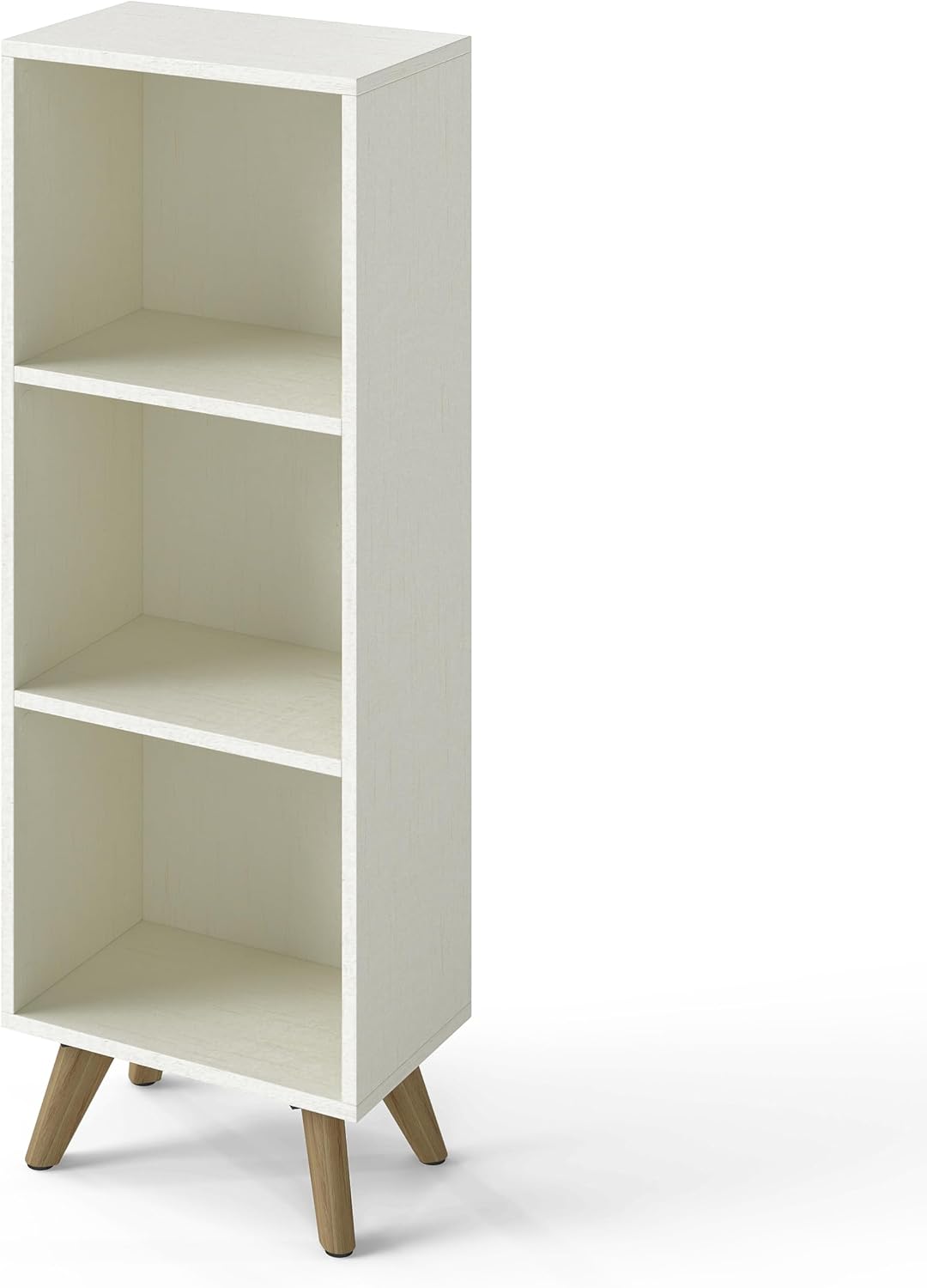 Manora Small Bookcase with 3 Open Shelves, Modern White Bookshelf with Wooden Legs, Narrow Storage Organizer for Living Room, Bedroom, Office
