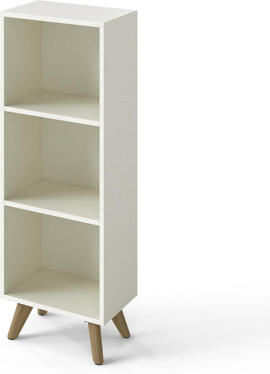 Manora Small Bookcase with 3 Open Shelves, Modern White Bookshelf with Wooden Legs, Narrow Storage Organizer for Living Room, Bedroom, Office