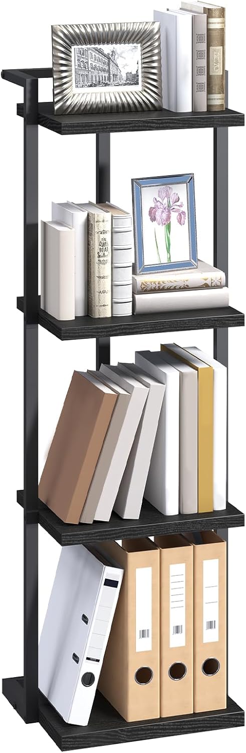 Bookshelf, 4-Tier Bookcase, Vertical Tall Narrow Book Shelf for Small Space, Open Storage Display Shelf with Stable Base & Anti-Tip Kits, for Living Room, Office, Study, Black BKBK11401