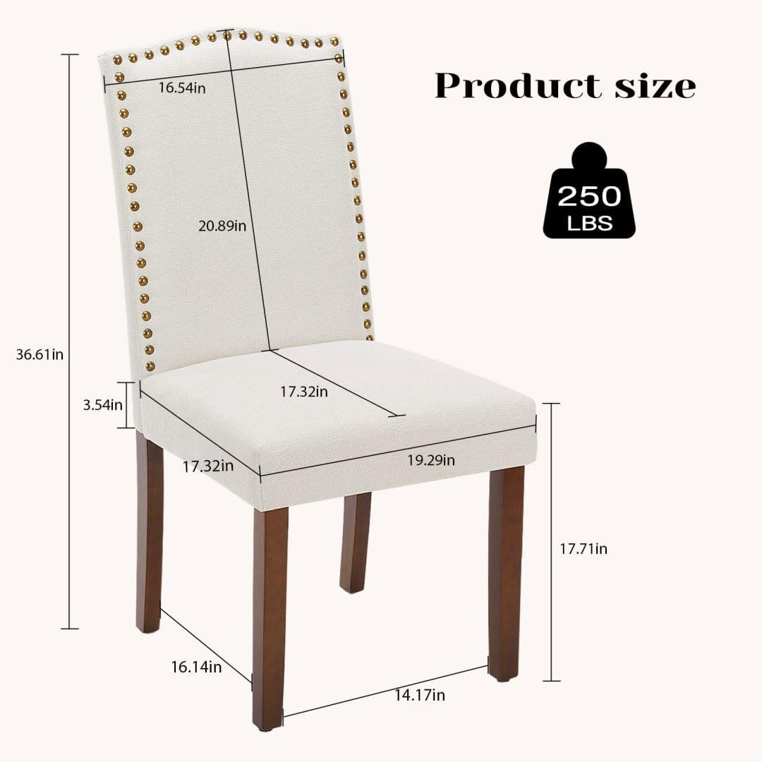 Kitchen Chairs Set of 4 Modern Upholstered Fabric Seat with Nailhead Trim and Ergonomic Lumbar Support for Living Room and Rustic Farmhouse Dining Area, Beige