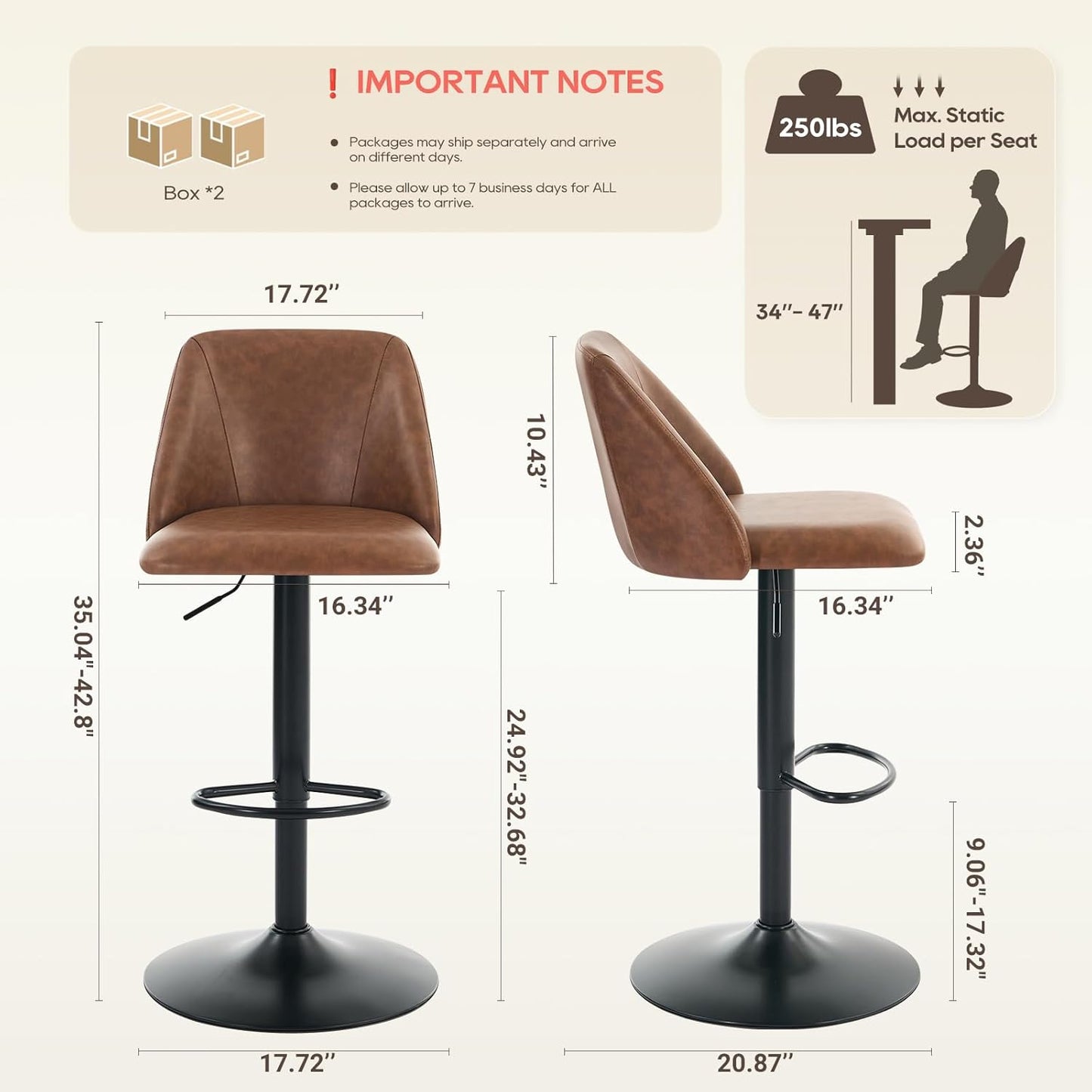 COLAMY Bar Stools Set of 4, Modern Swivel Bar Chairs, Adjustable PU Leather Upholstered Barstools Counter Height with Full Backrest for Bar, Dining Room, Kitchen Island, Brown