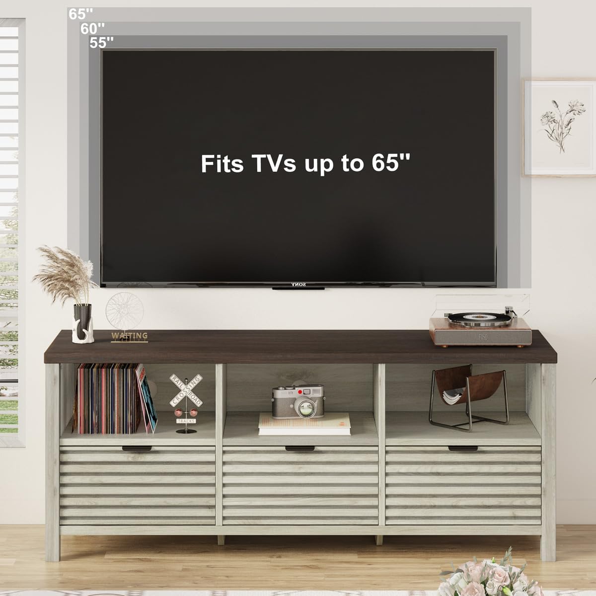 BON AUGURE TV Stand, Fluted Modern Media Console for 65 55 50 in TVs, Farmhouse Wood Entertainment Center with Storage Drawers for Living Room,Bedroom (Walnut Washed Grey)