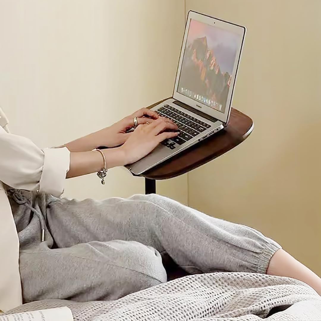 Modern Minimalist C Shaped Side Table, Wooden Sofa Table with Adjustable Height and Swivel Top, Laptop Desk for Living Room, Bedroom, Study and Small Spaces, Walnut Wood